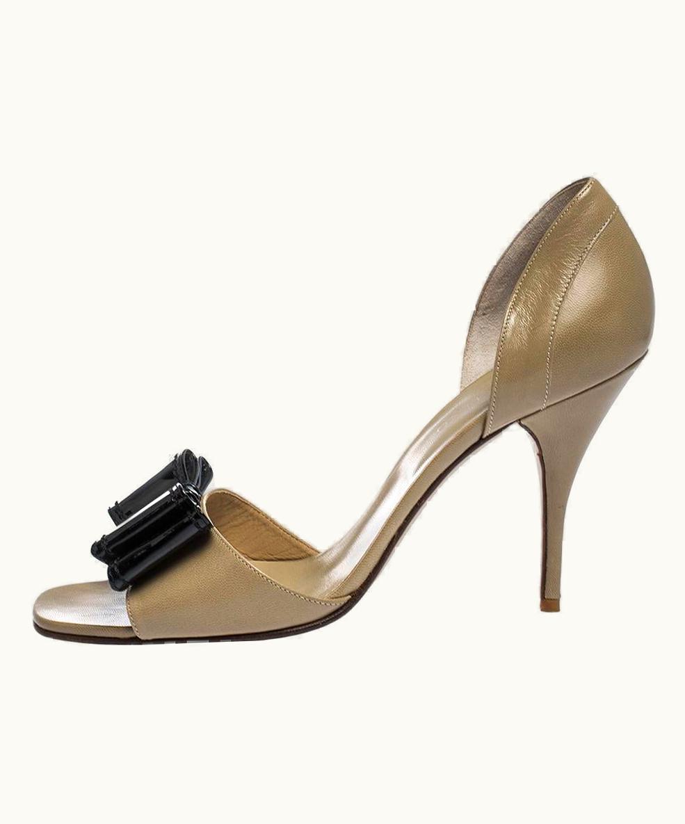Valentino Beige Leather And Black Patent Bow D'orsay Open Toe Pumps