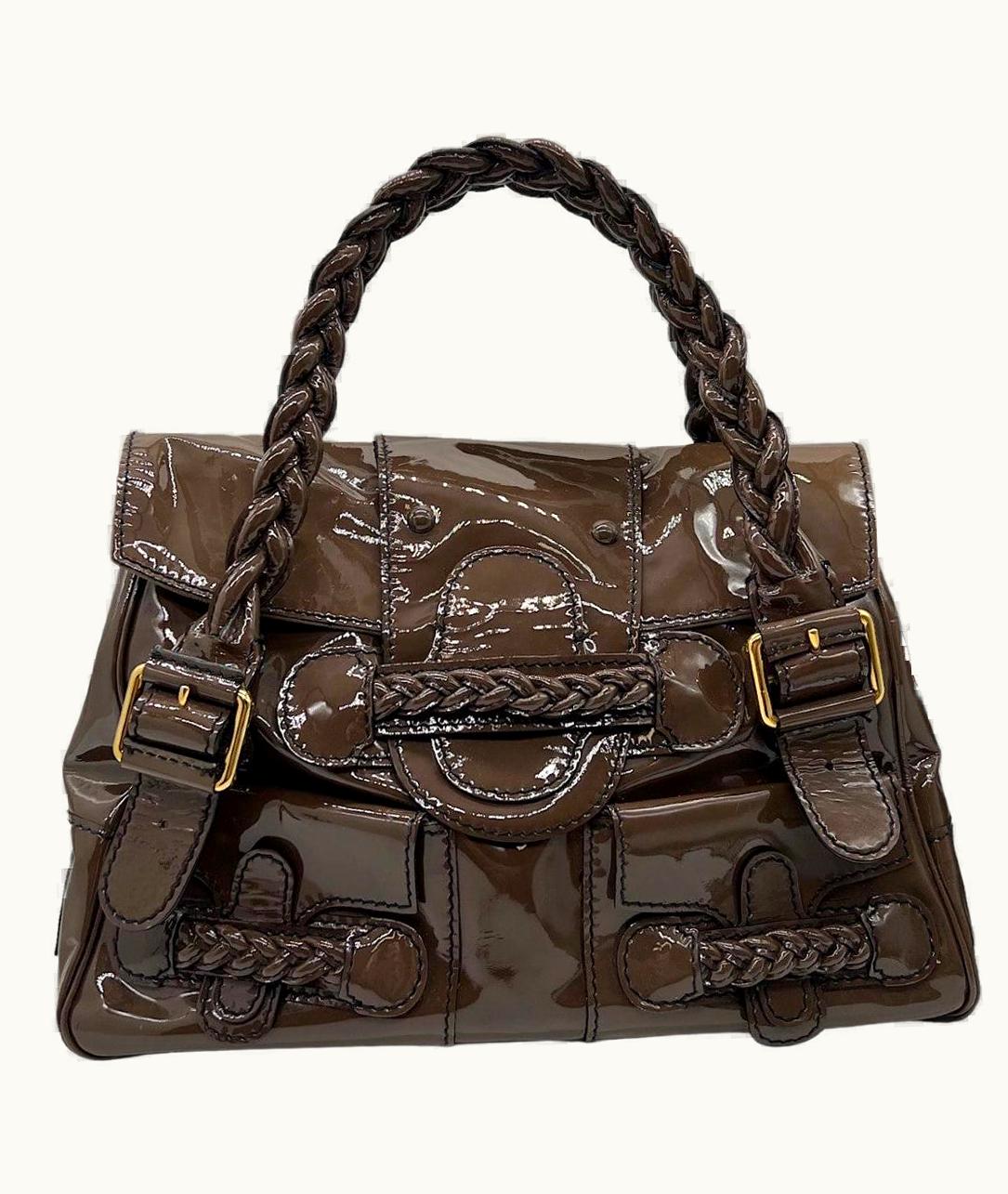 Valentino Garavani Brown Patent Leather Histoire Medium Tote