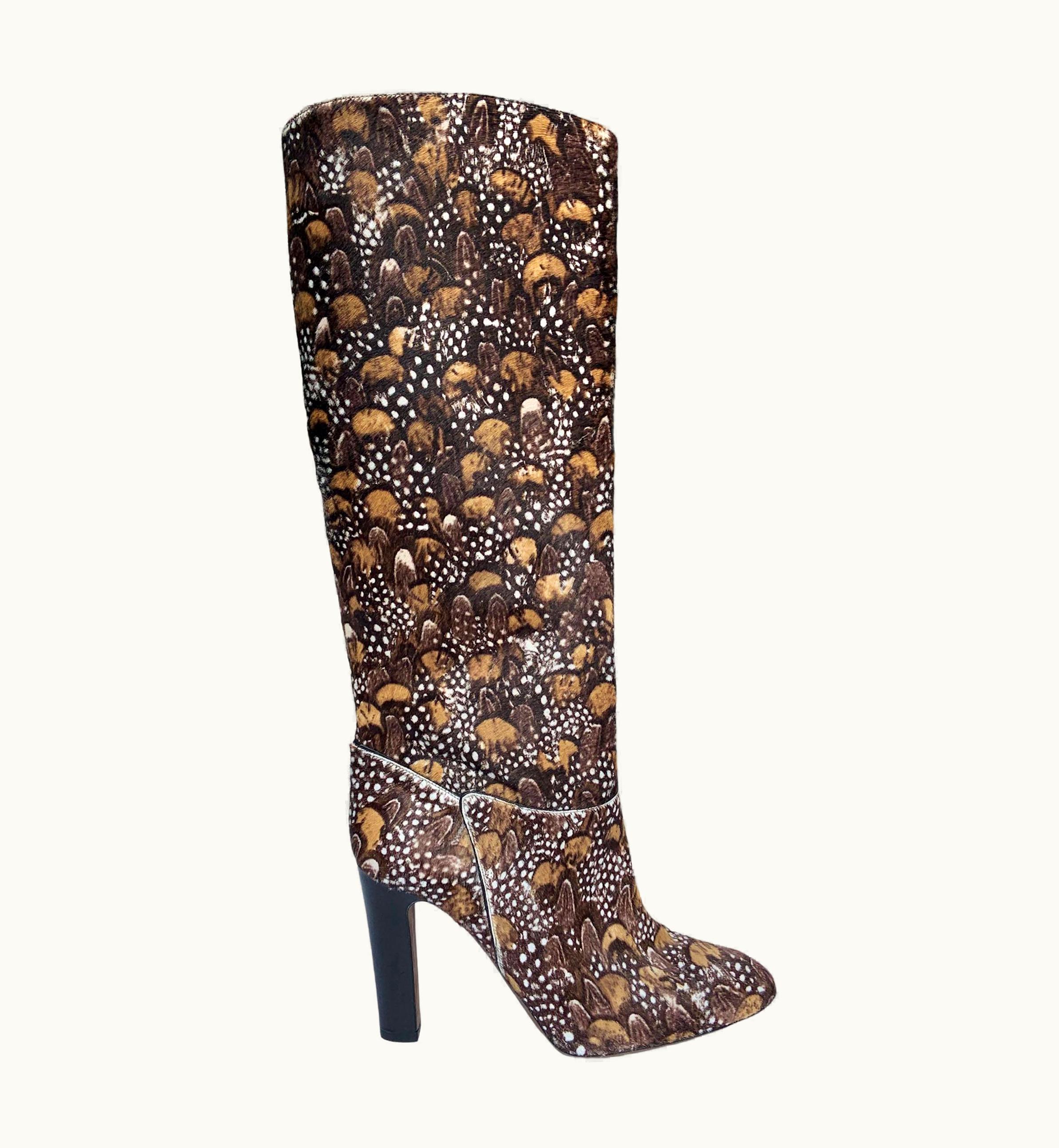 Valentino Garavani Calf Leather Feather Print Knee Boots Italian