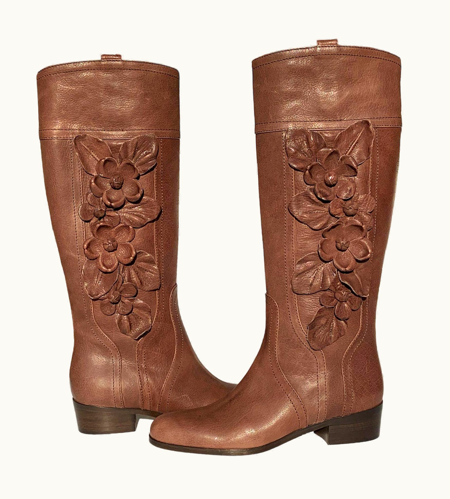 Valentino Garavani Leather Brown 3 D Flower Embellishment Boots Italian