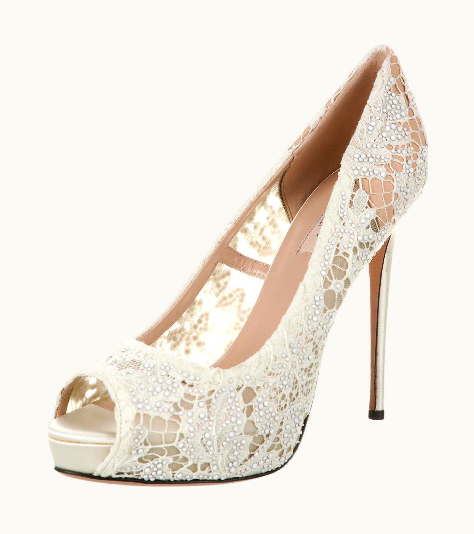 Valentino $1745 Lace Crystal Embellished Off-White Platform Pumps It