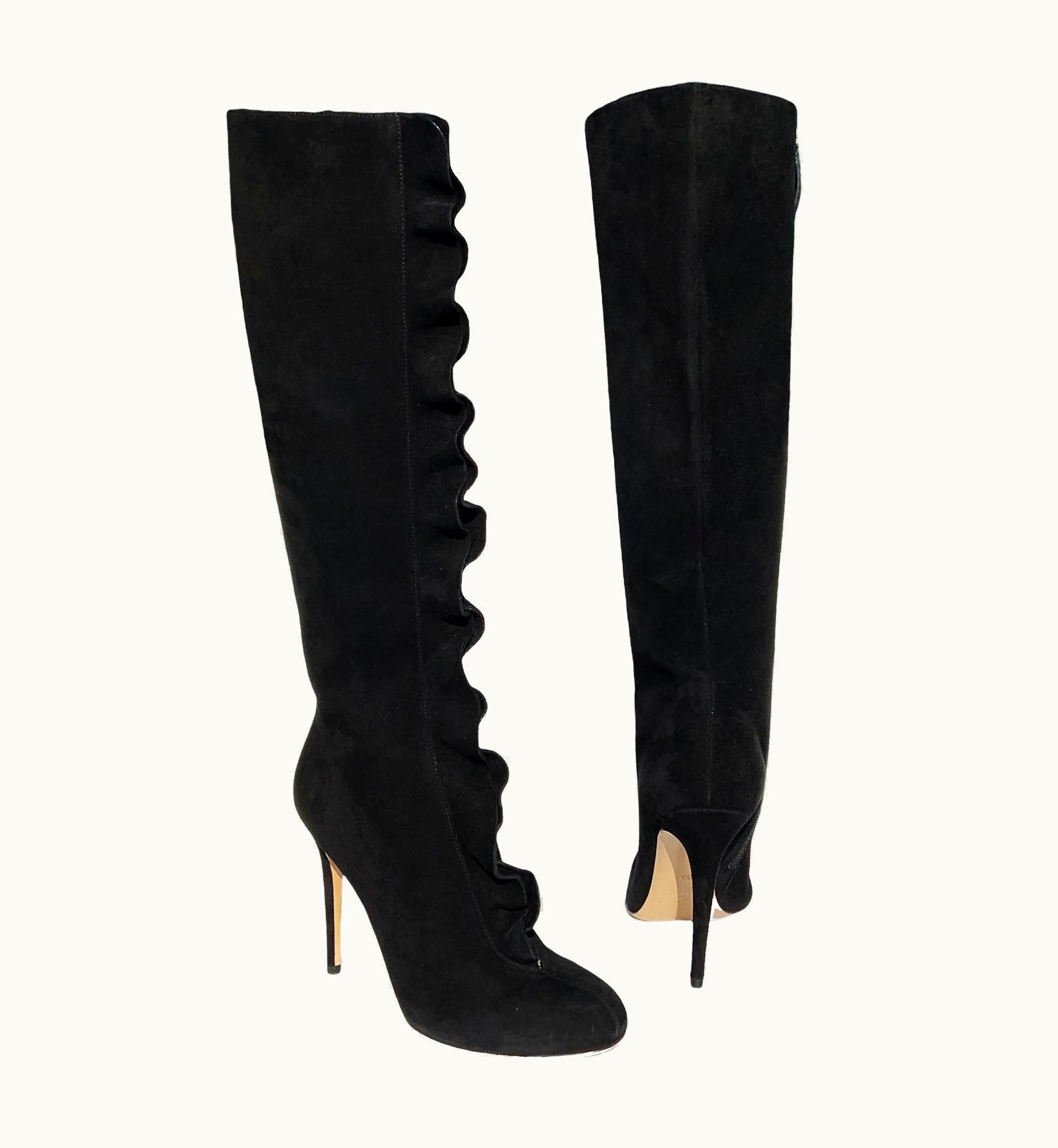 Valentino Garavani Black Suede Ruffle Embellish Knee Boots Italian 39 - Us