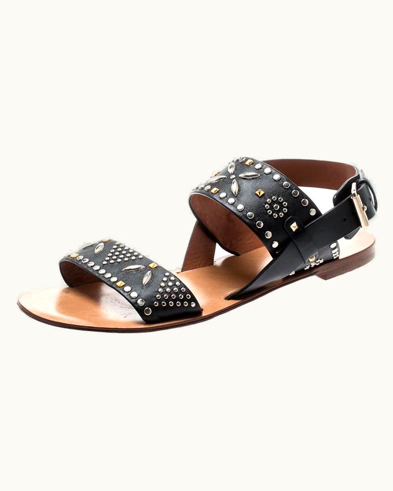 Valentino Valentino Black Embellished Leather Flat Sandals