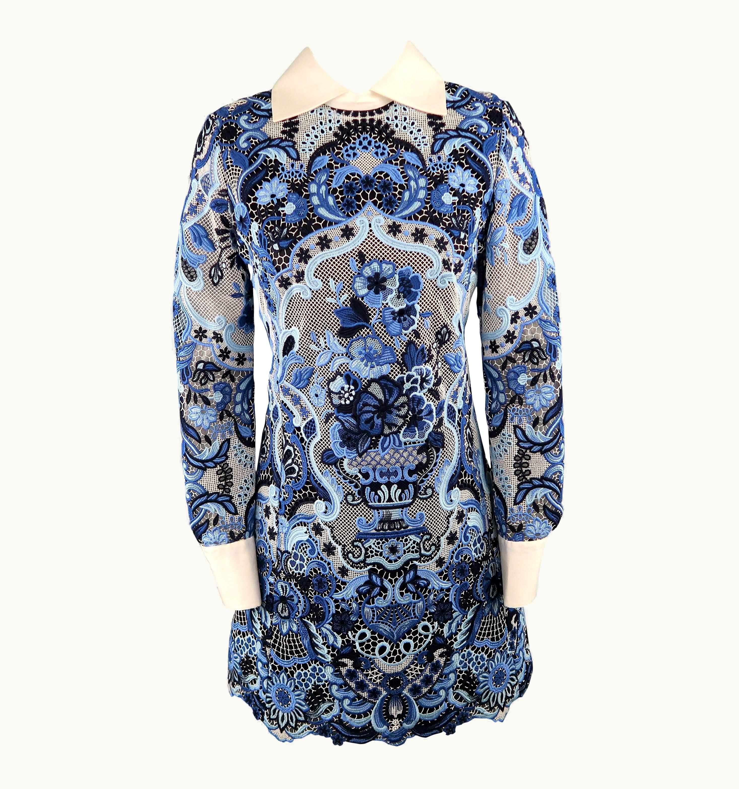Valentino Valentino Blue Ornate Silk Lace White Collared French Cuff Dress