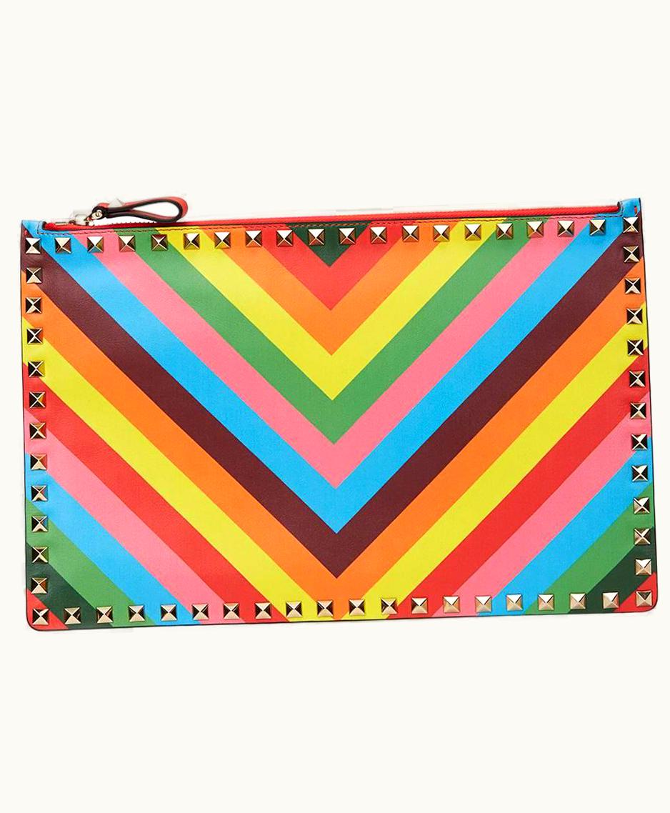 Valentino 2016 Valentino Rainbow Patterned Lambskin Rockstud Clutch