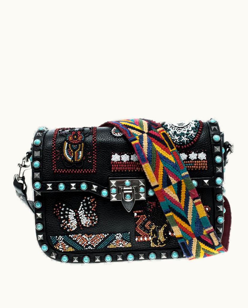 Valentino Valentino Black Leather Medium Beaded Patch Rolling Rockstud Shoulder Bag