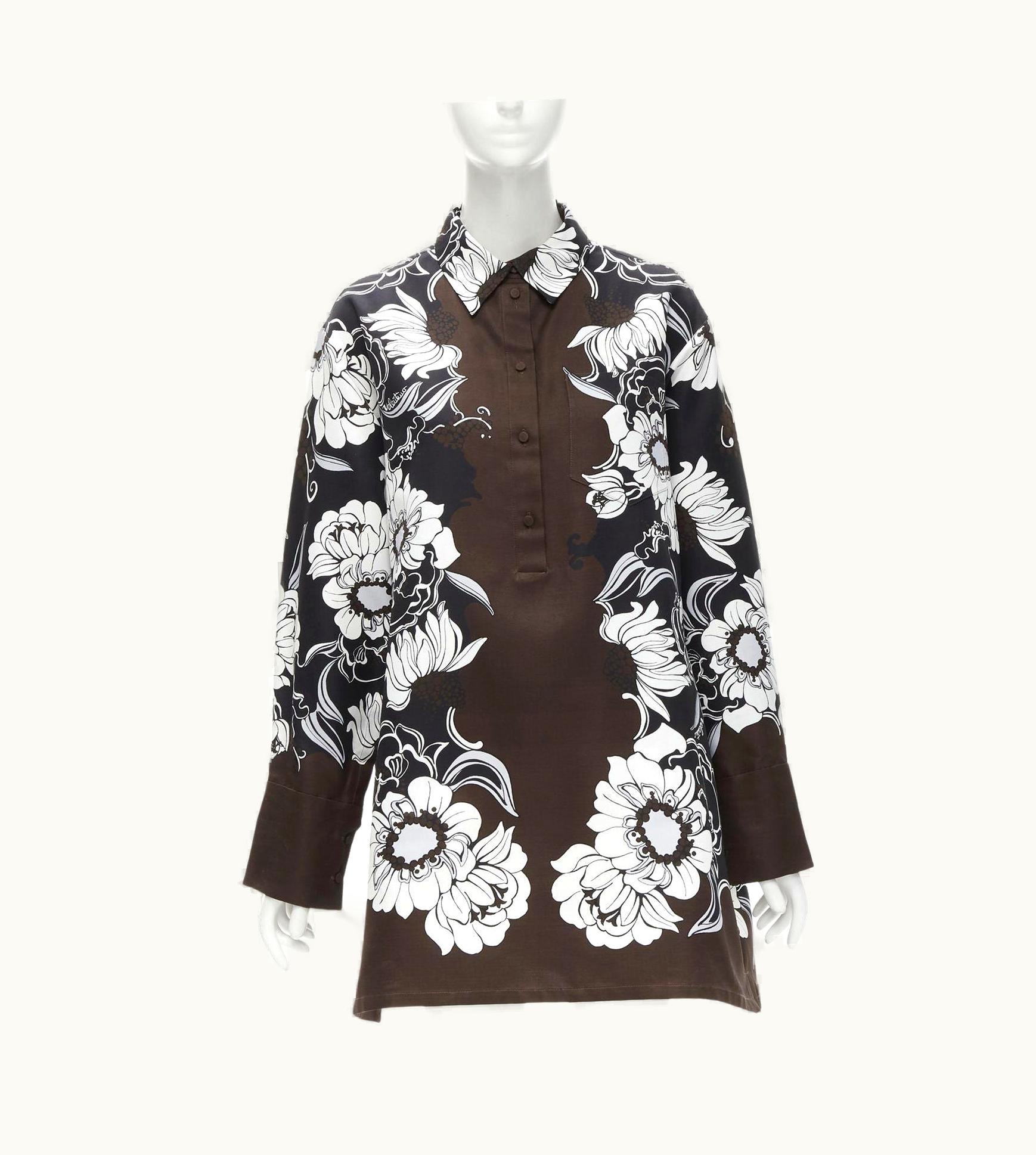 Valentino Valentino 2021 Runway Brown Oversized Floral Cotton Silk Faille Shirt Dress