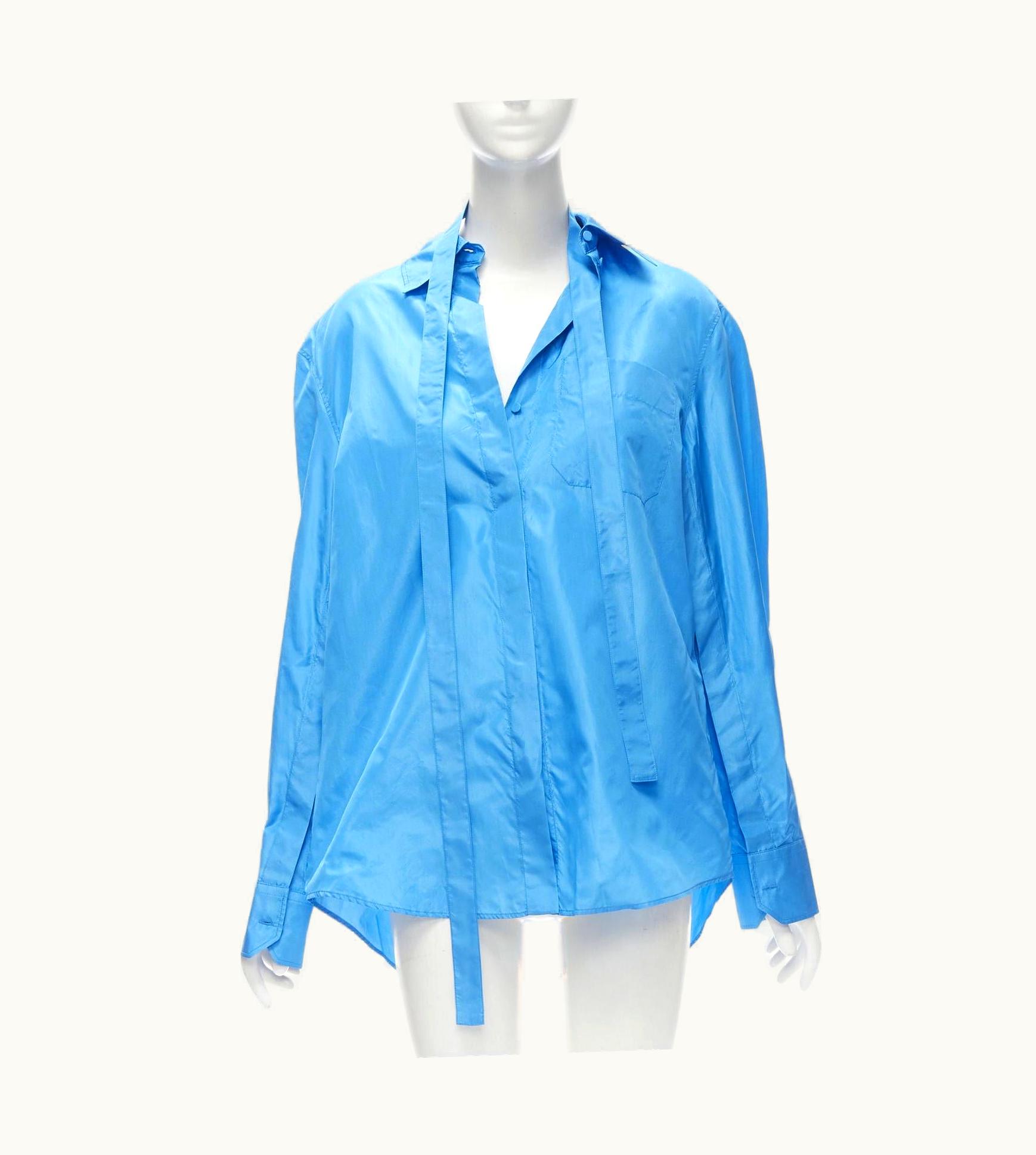 Valentino Valentino 2022 Runway Blue Silk Tafetta Relaxed Neck Tie Oversized Shirt