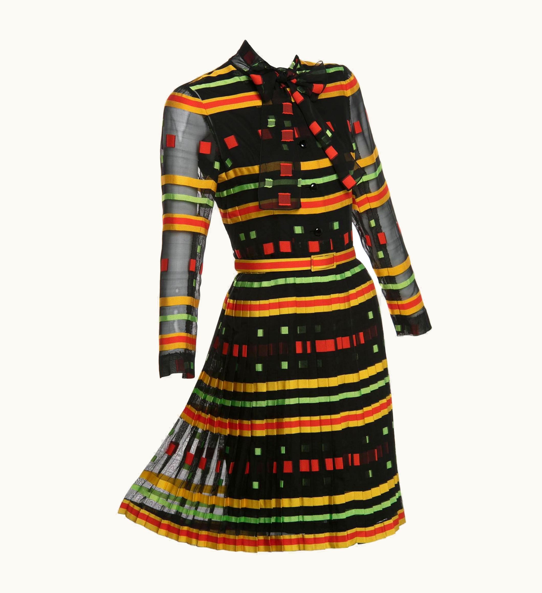Givenchy Givenchy Multicolored Striped Pleated Silk Bow Belted Dress, 1970s