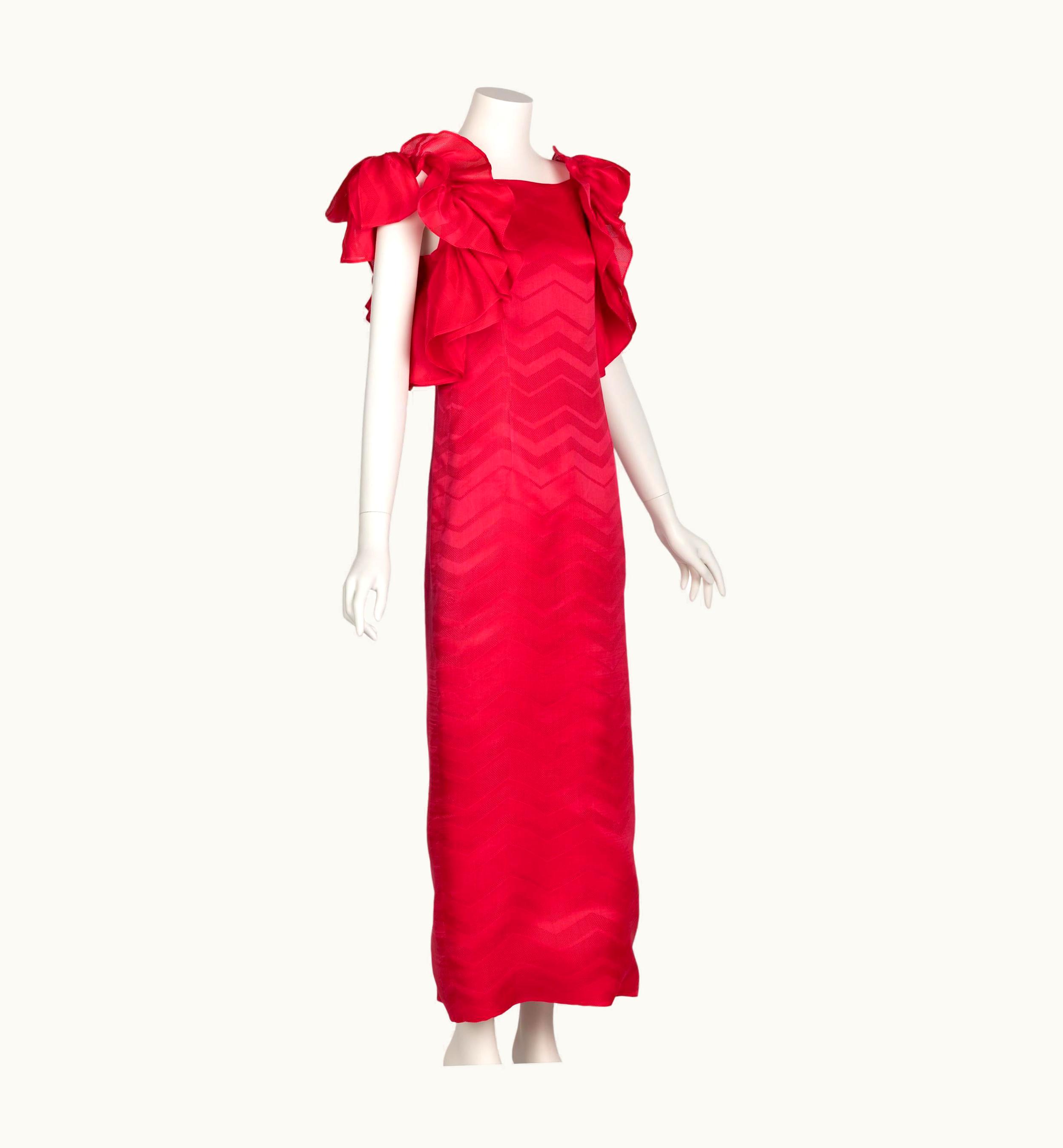 Givenchy Vintage Givenchy Couture Magenta Silk Chevron Sleeveless Ruffle Bow Dress