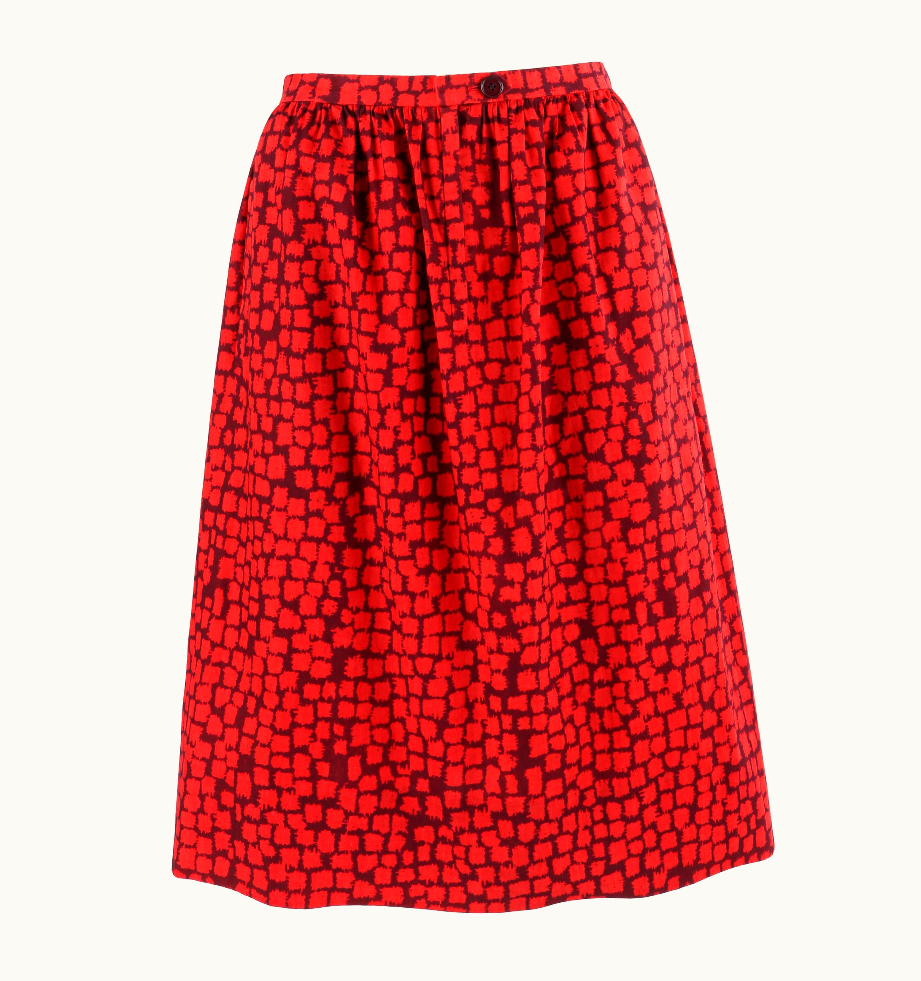 Givenchy Givenchy c.1970' Couture Numbered Red Geometric Gathered Tea Length Skirt
