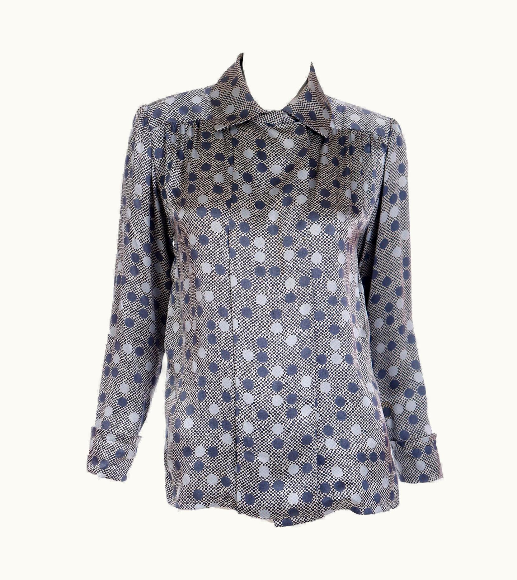 Givenchy Givenchy Vintage Slate Blue & Grey Polka Dot Check Silk Blouse
