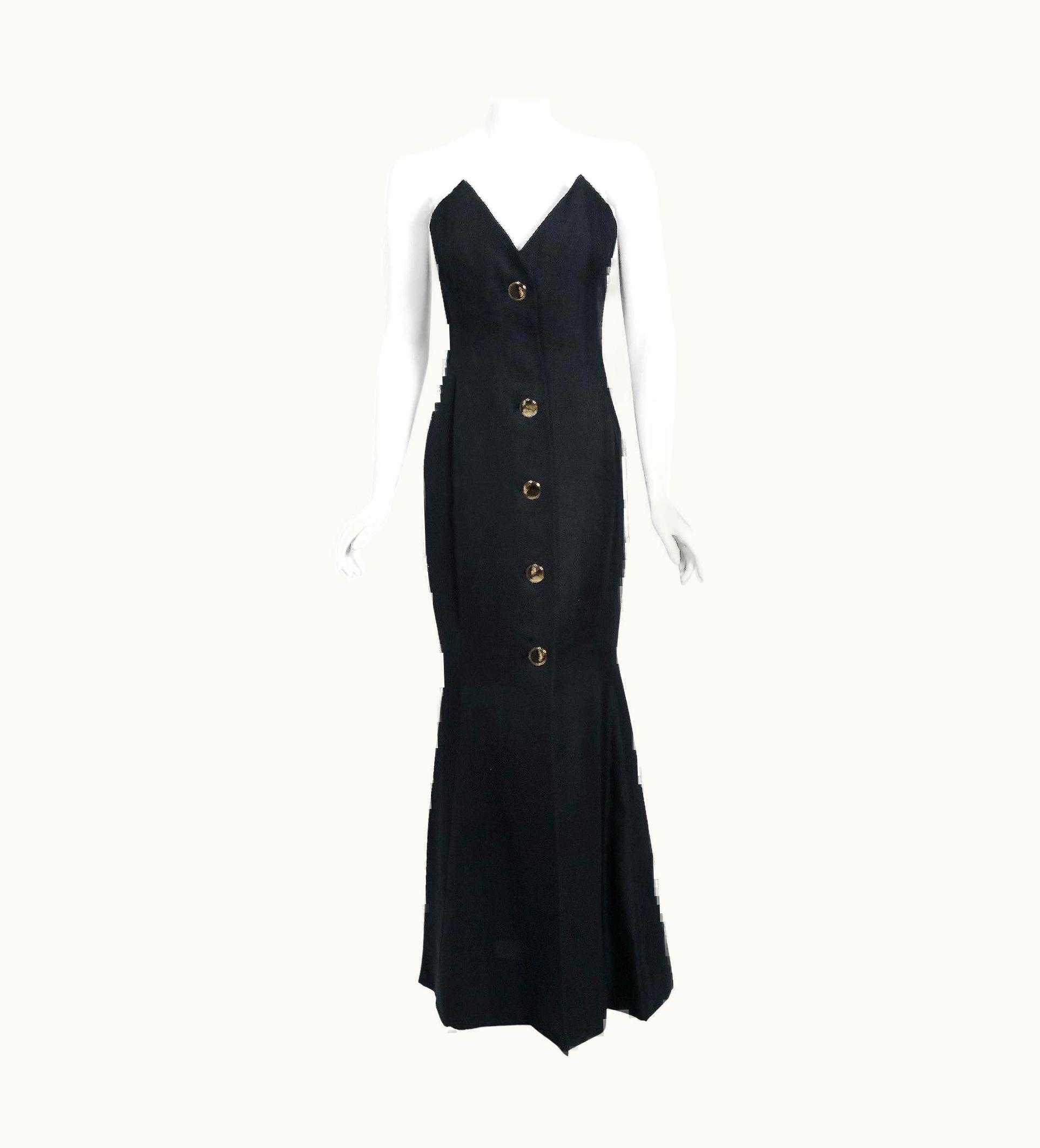 Givenchy 1979 Givenchy Haute-Couture Black Silk Linen Strapless Hourglass Mermaid Gown