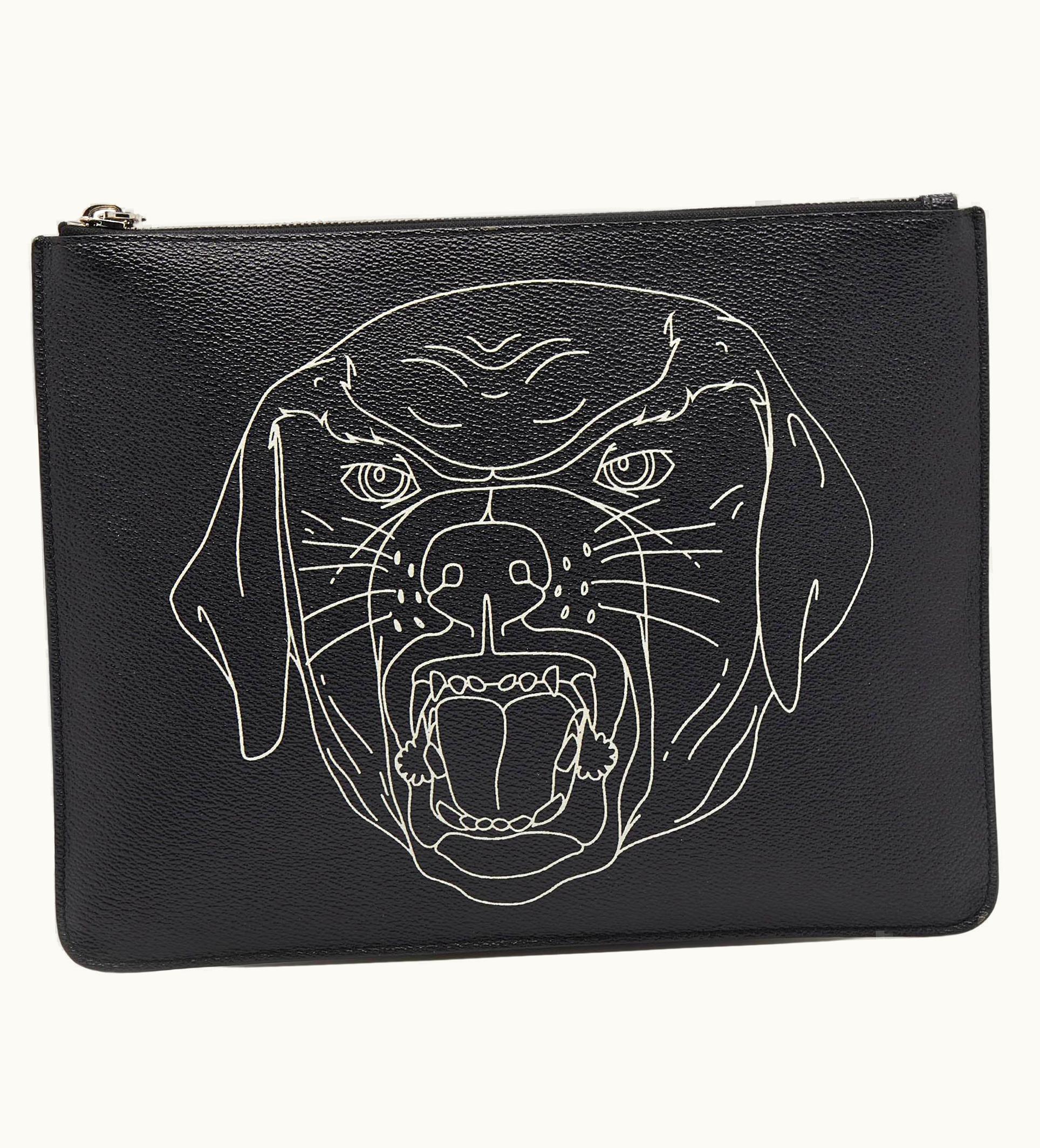 Givenchy Givenchy Black Rottweiler Line Printed Leather Zip Pouch
