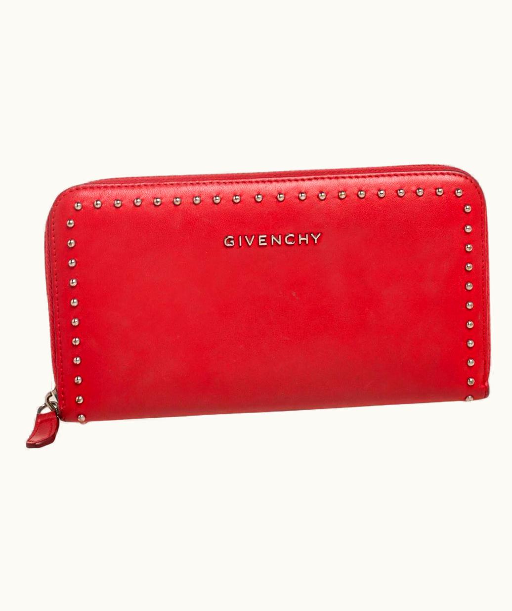 Givenchy Givenchy Red Leather Studded Pandora Zip Around Wallet
