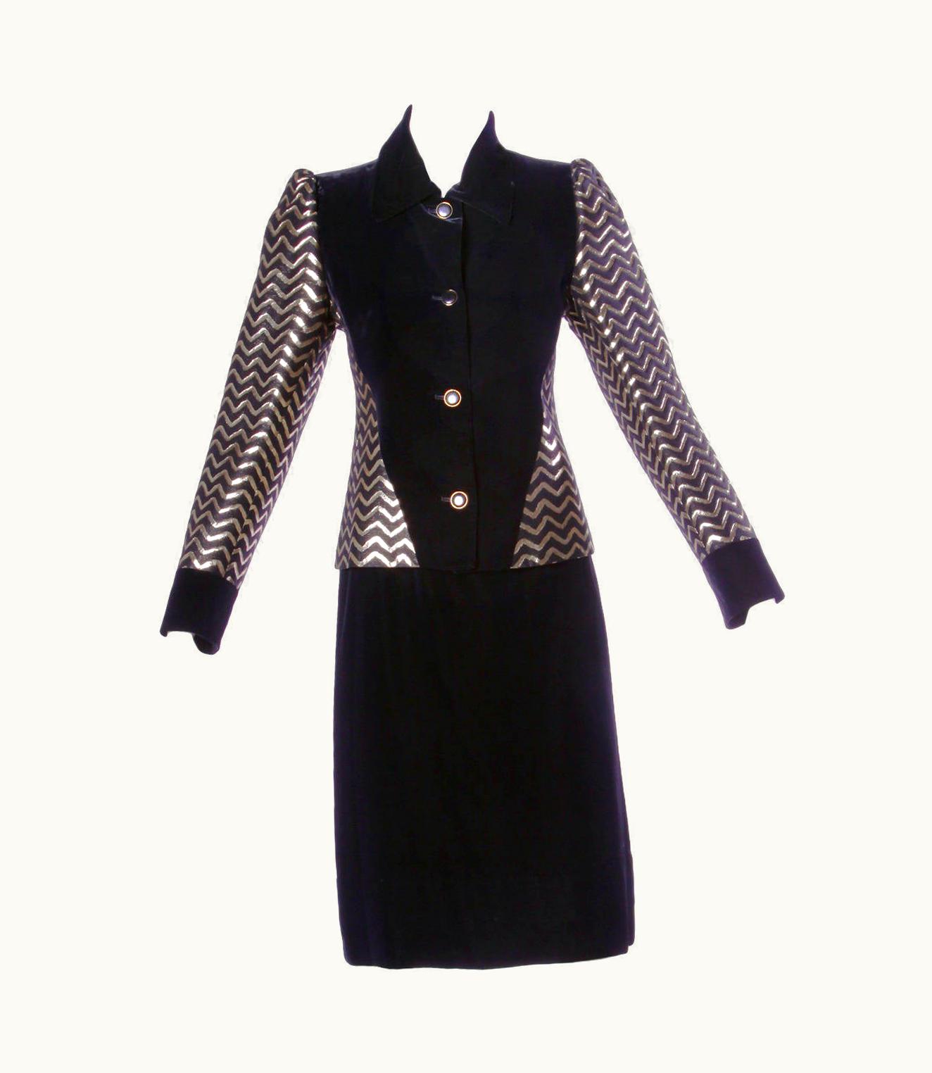 Givenchy Givenchy Vintage Metallic Gold + Black Vevet Jacket + Skirt Ensemble