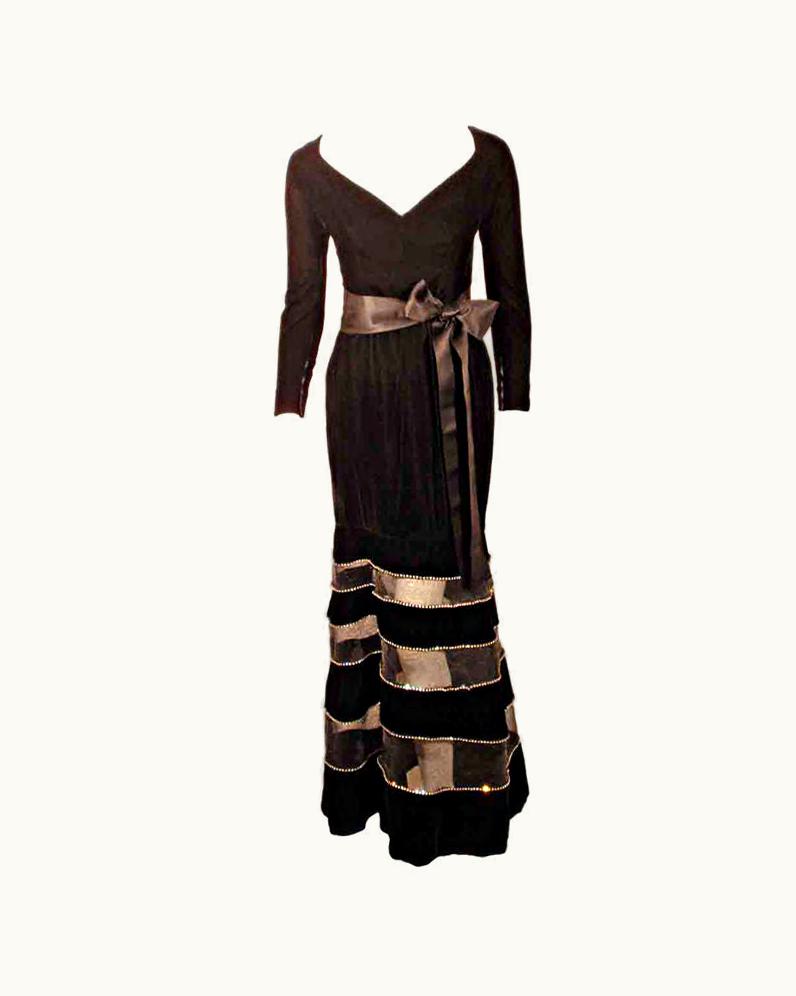 Givenchy Givenchy Black Velvet Gown With Horsehair Rhinestone Trim Sheer Sections