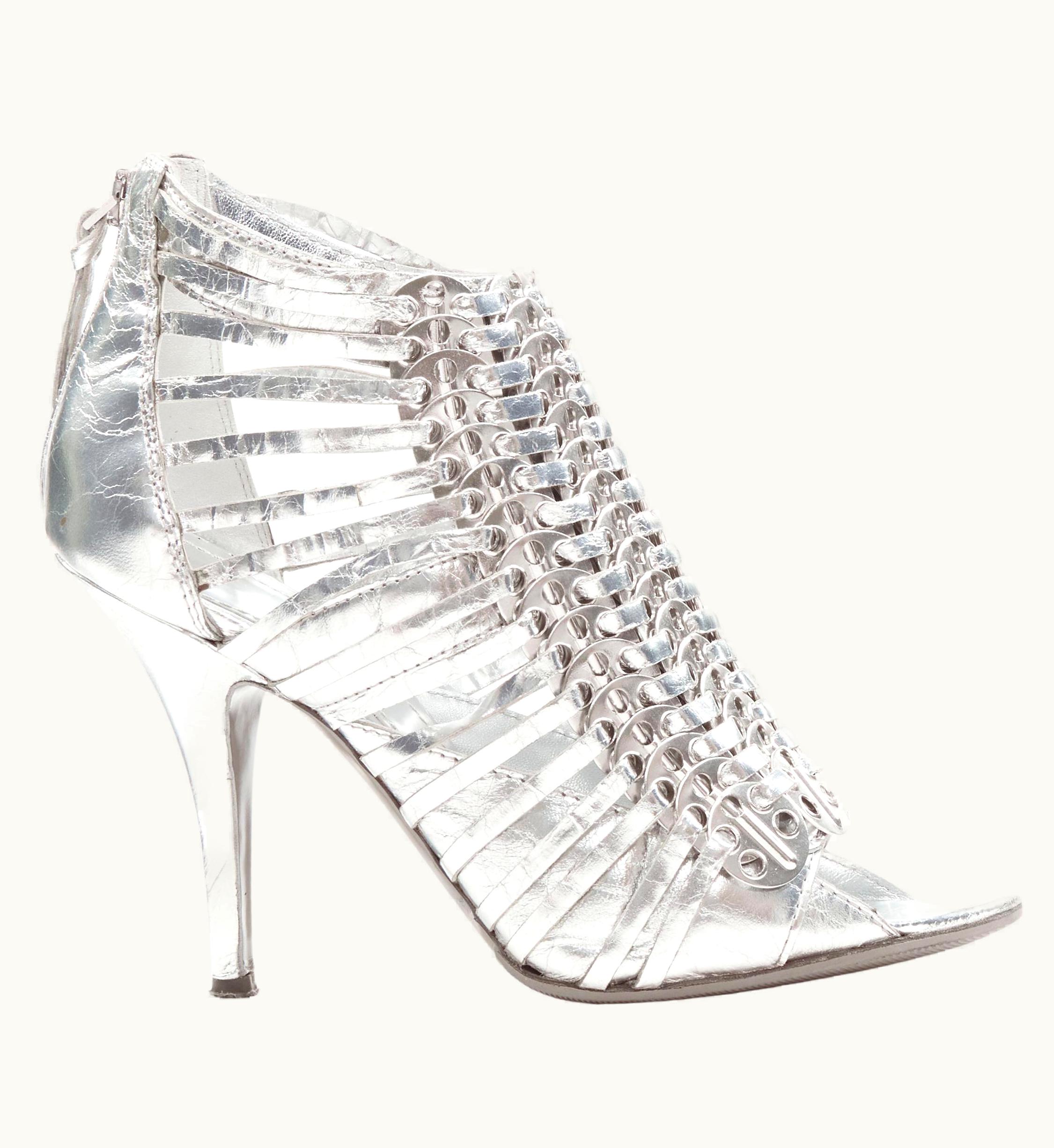 Givenchy Givenchy Metallic Silver Metal Discs Embellished Strappy Peep Toe Bootie