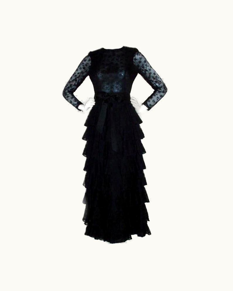 Givenchy Givenchy Couture Black Lace Tiered Gown With Bow At Waist