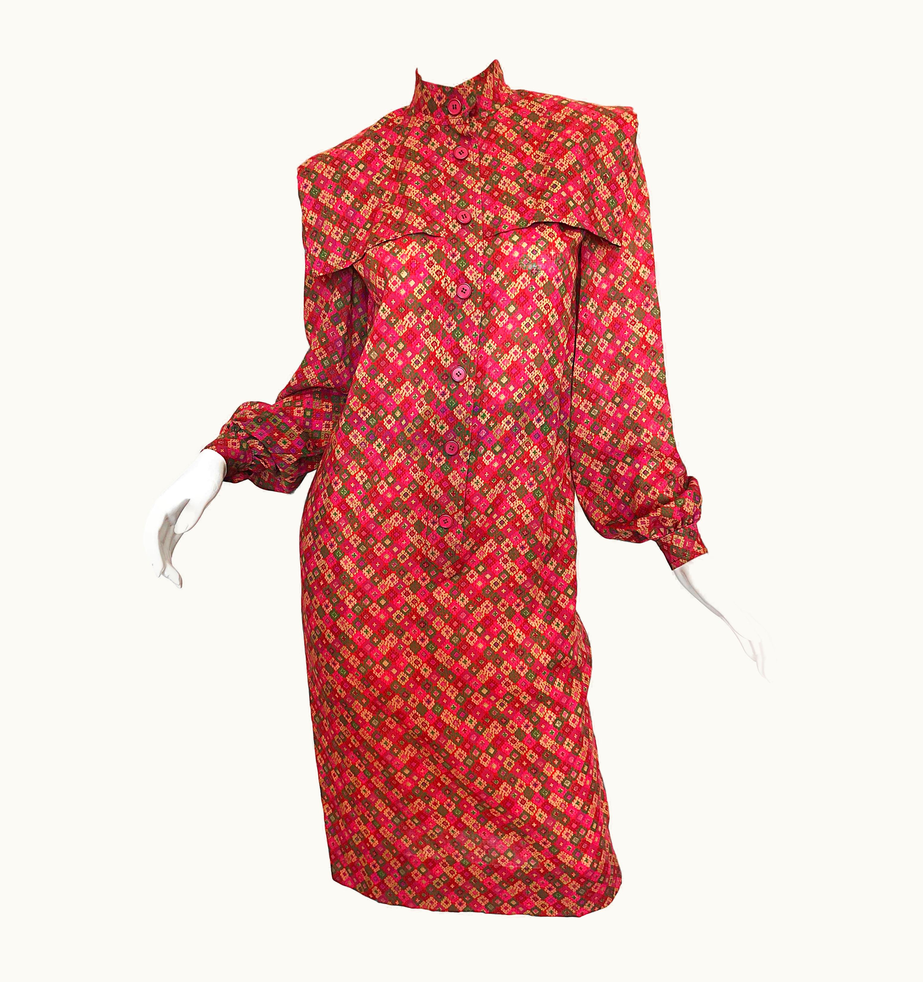 Givenchy Vintage Givenchy 1980s Mosaic Tile Print Pink + Green Lightweight Wool Sac Dress