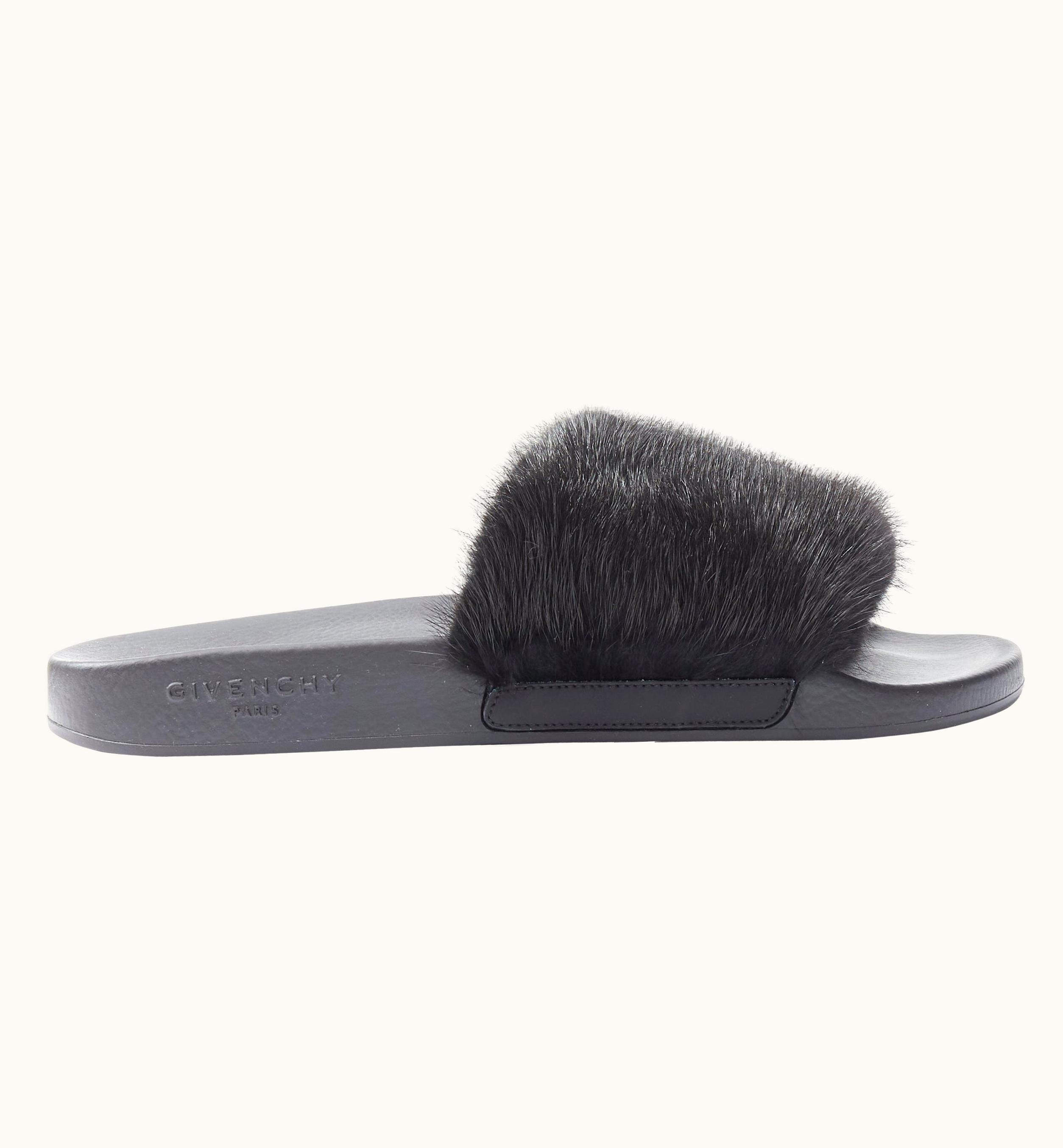 Givenchy Givenchy Black VIson Mink Fur Logo Rubber Moulded Pool Slides