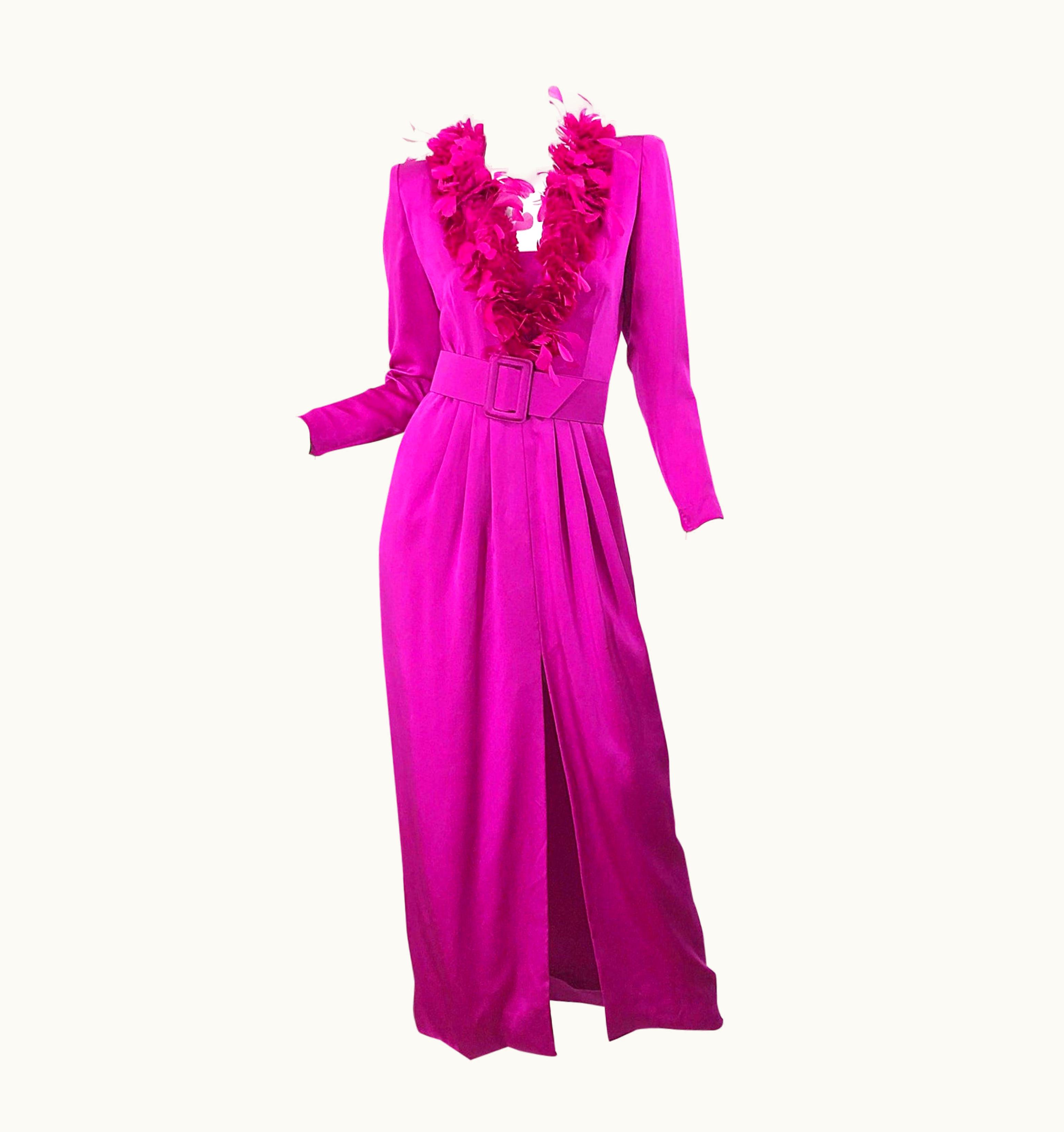 Vintage Givenchy Couture Hot Pink Fuchsia 1980s Feathers Belted Long Sleeve Gown