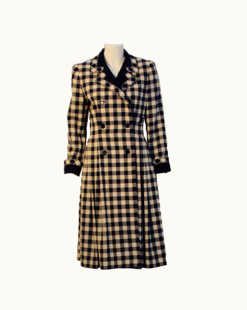 Givenchy Givenchy Navy And Cream Plaid Wool Fitted Flared Coat Dress, Circa 1980s
