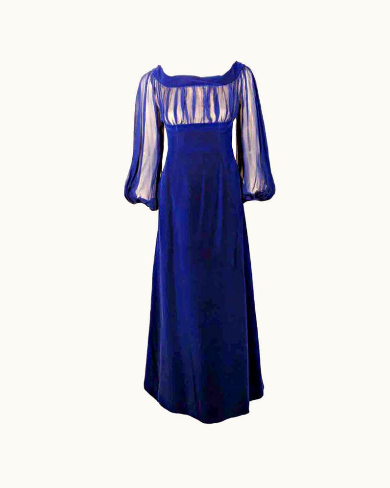 Givenchy Givenchy Couture Blue Velvet Off Shoulder Gown With Sheer Chiffon Poet Sleeves