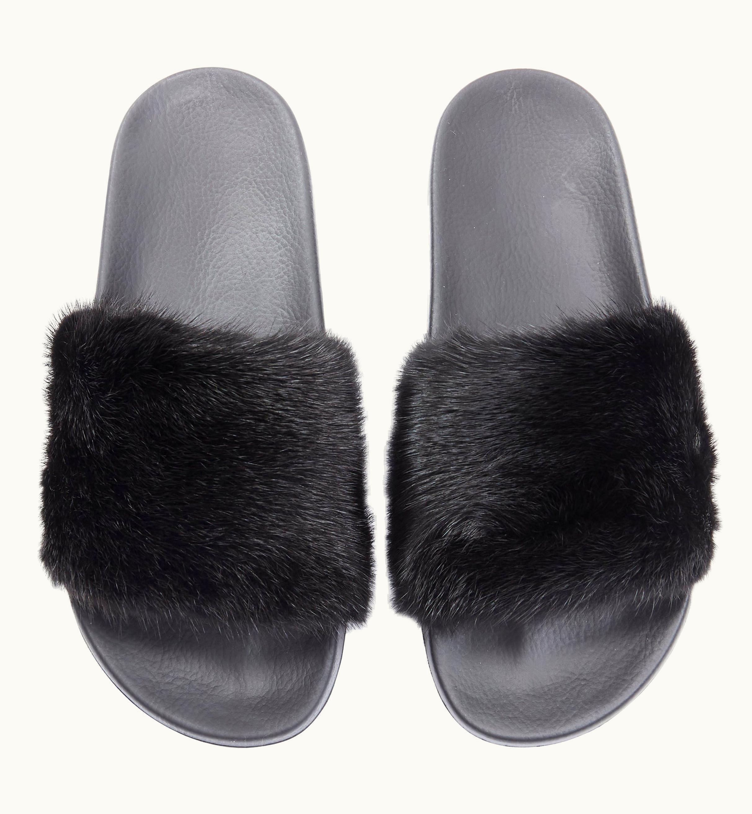 Givenchy Givenchy Black VIson Mink Fur Logo Rubber Molded Footbed Pool Slides
