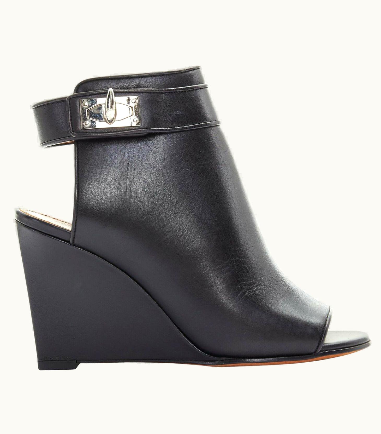 Givenchy Givenchy Tisci Black Leather Peep Toe Silver Shark Tooth Lock Wedge