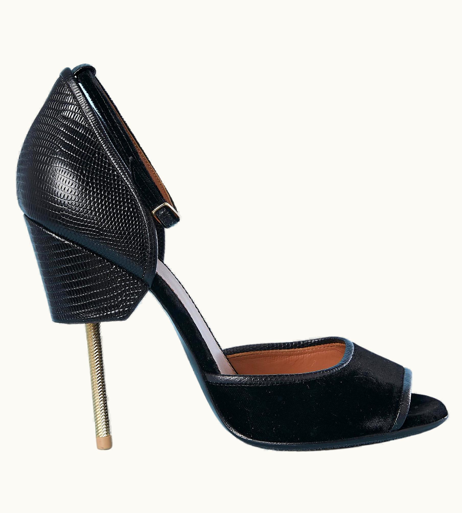 Givenchy Black Leather And Velvet High Heel Sandal With Metallic Screw Heel Givenchy