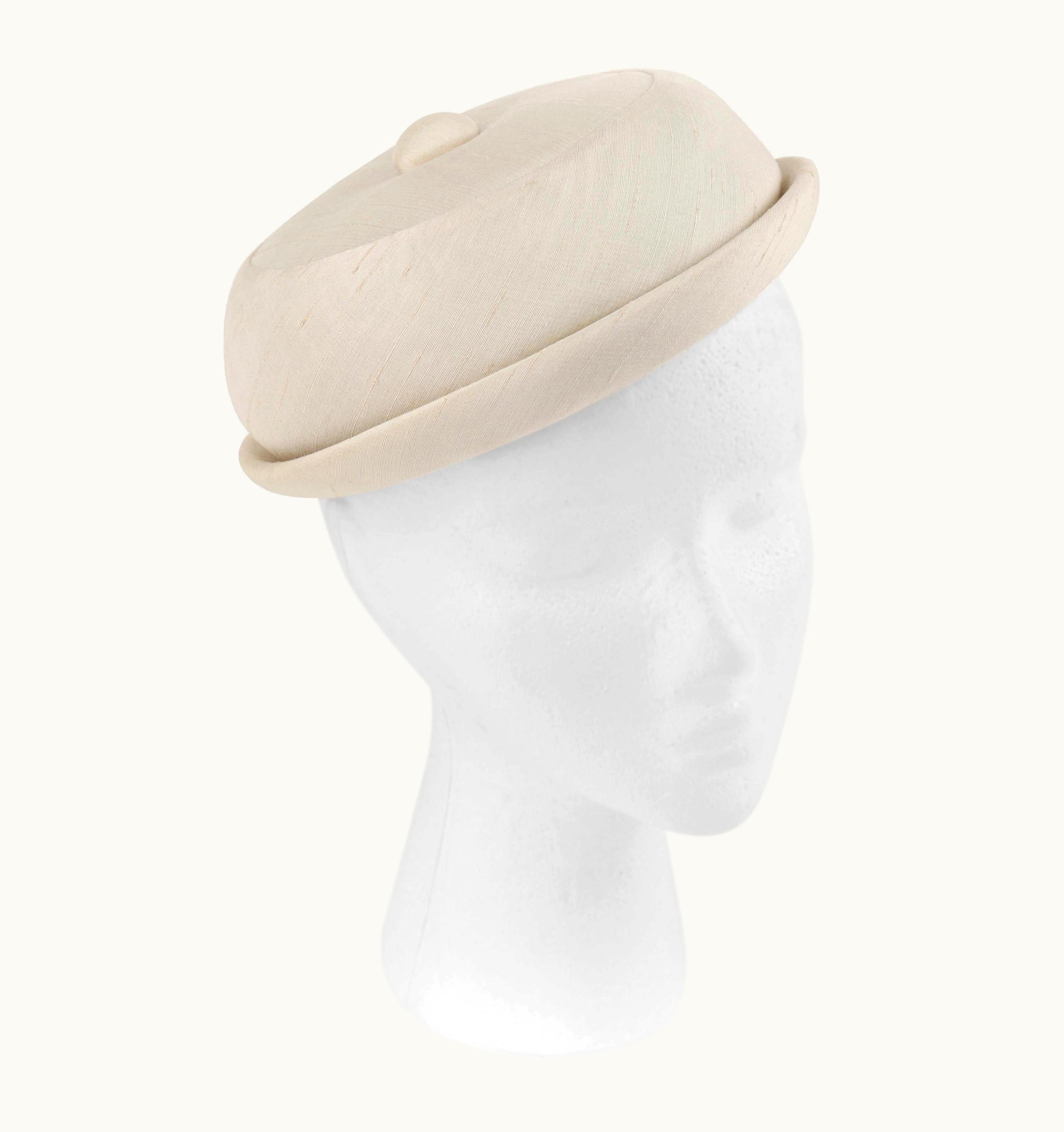 Givenchy Givenchy C.1950' Solid Cream Silk Duponi Pillbox Style Detailed Button Top Hat