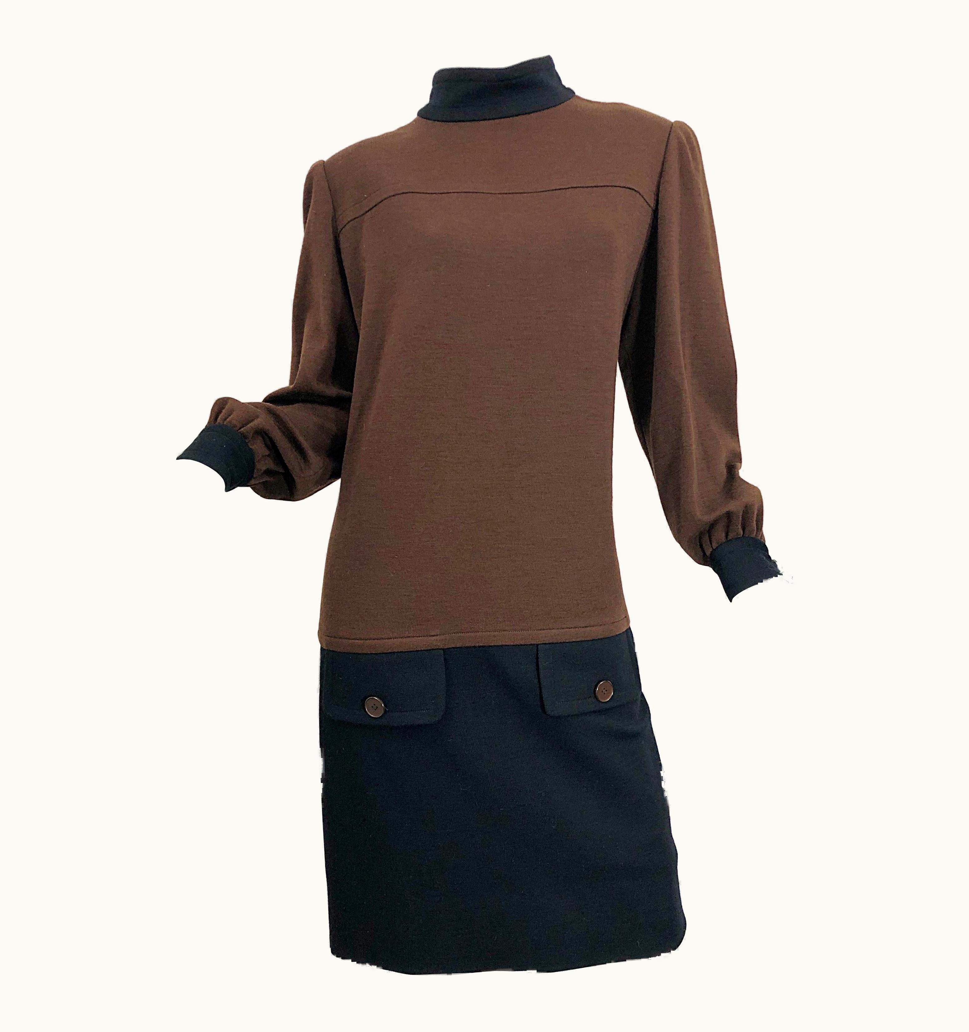 Givenchy Vintage 80s Givenchy Brown And Black Virgin Wool Long Sleeve Mock Neck Sac Dress