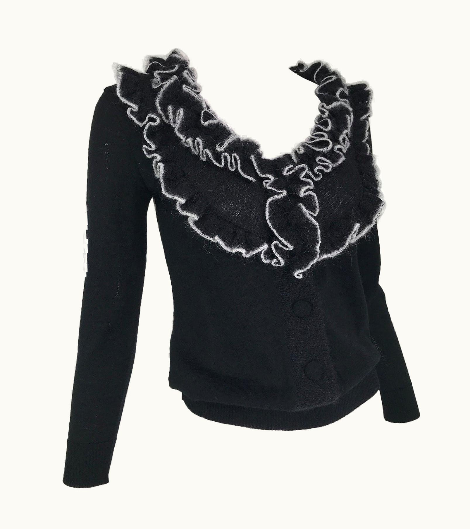 Givenchy Givenchy Black Fine Wool Knit With White Angora Trim Wide Ruffle Collar Sweater