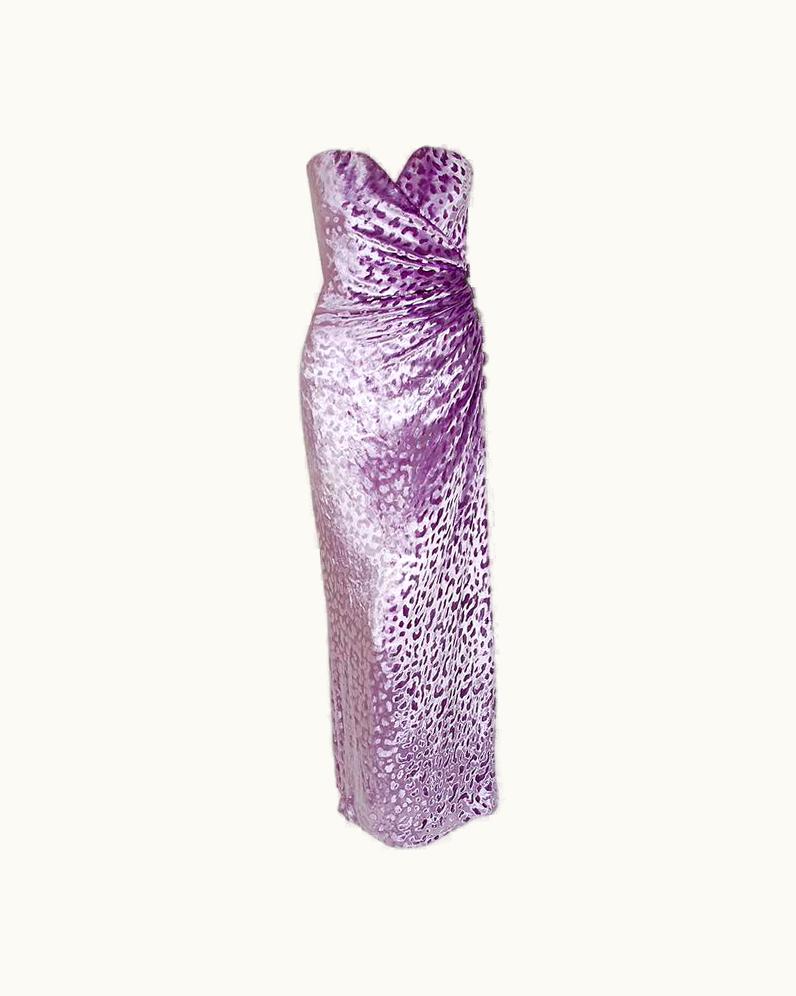 Givenchy 1990 Givenchy Haute-Couture Lavender Leopard Print Silk-Velvet Strapless Gown