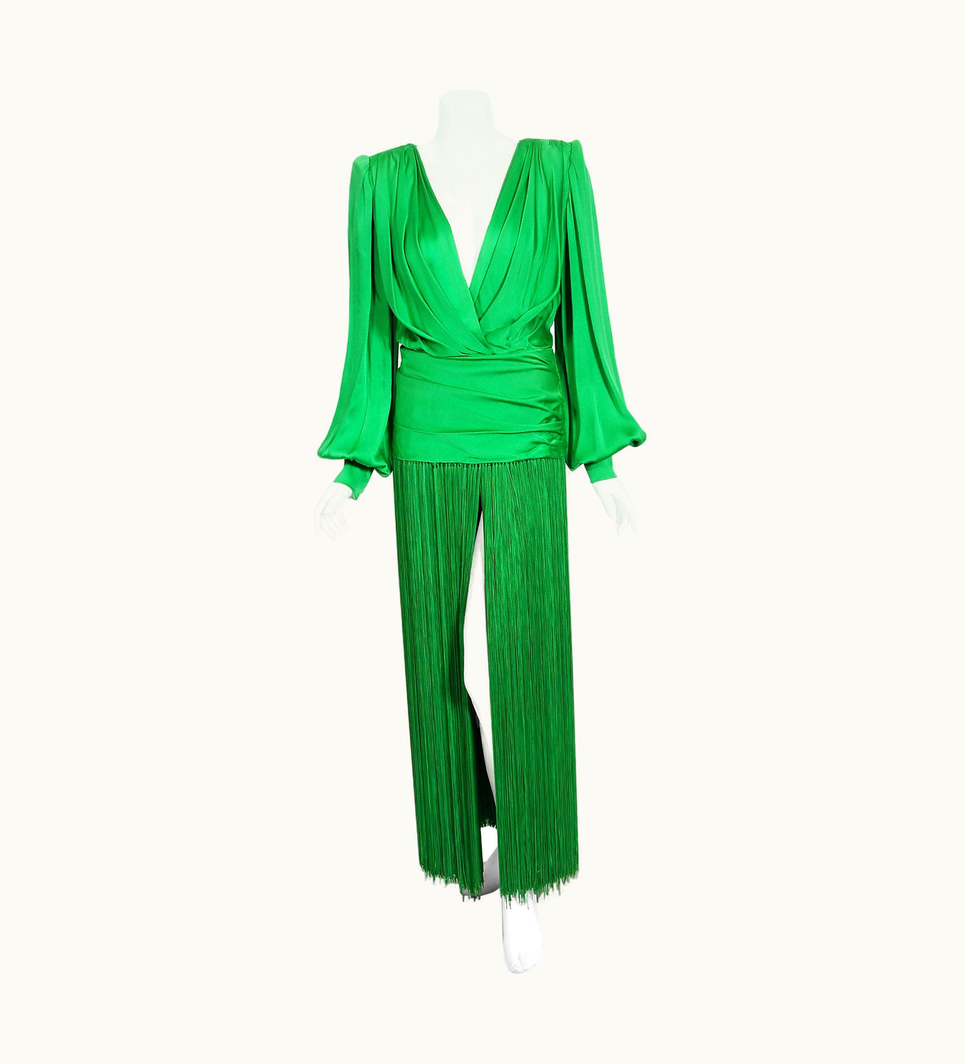 Givenchy Vintage 1990 Givenchy Haute Couture Green Silk Billow-Sleeve Plunge Fringed Gown