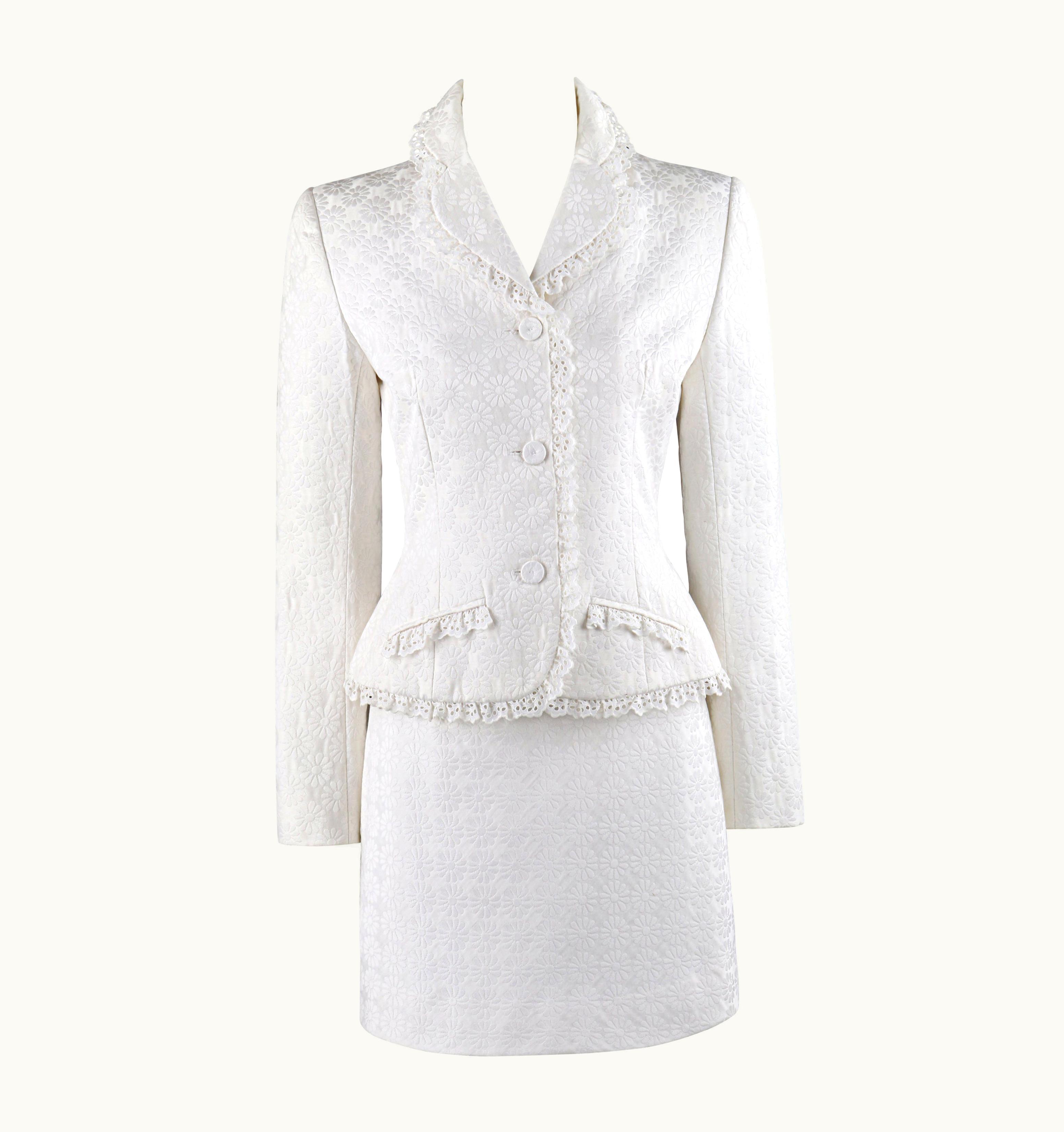 Givenchy Givenchy AW 1996 John Galliano White Floral Brocade Lace Skirt Suit Blazer Set