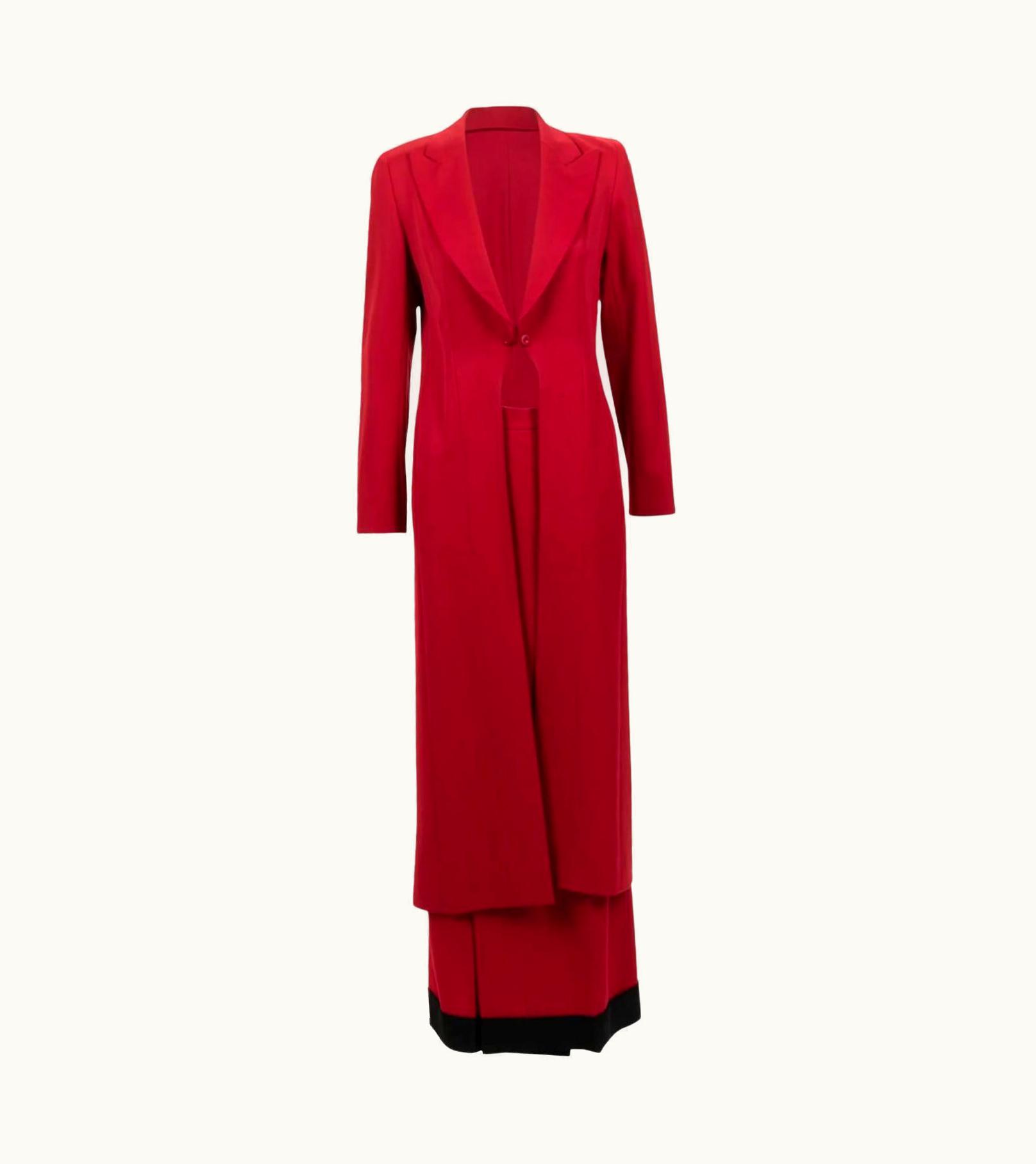 Givenchy S/S 1997 Givenchy Long Red Jacket And Wrap Trouser Set