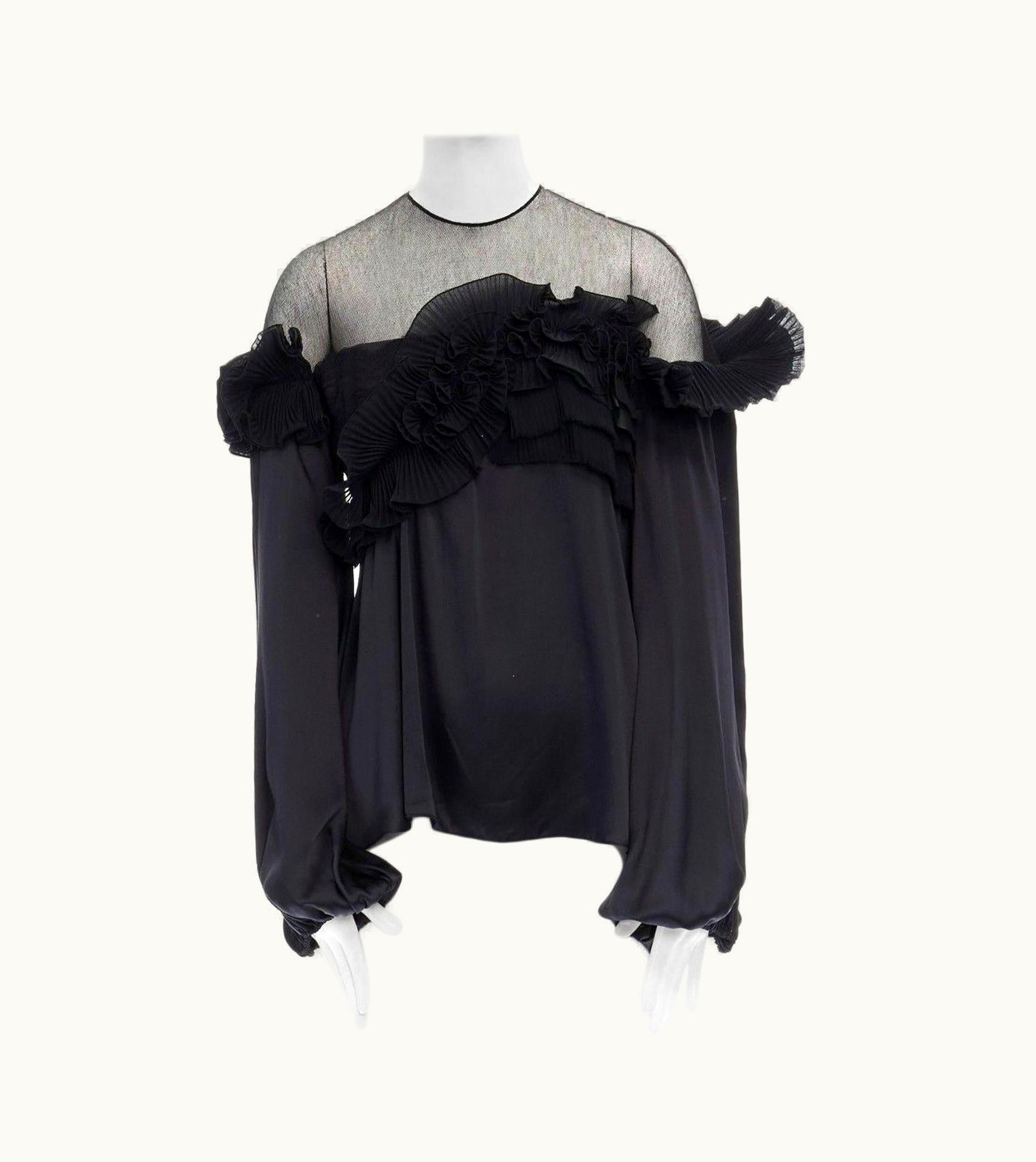 Givenchy Runway Givenchy Tisci AW08 Black Pleated Ruffle Lace Sheer Yoke Silk Top
