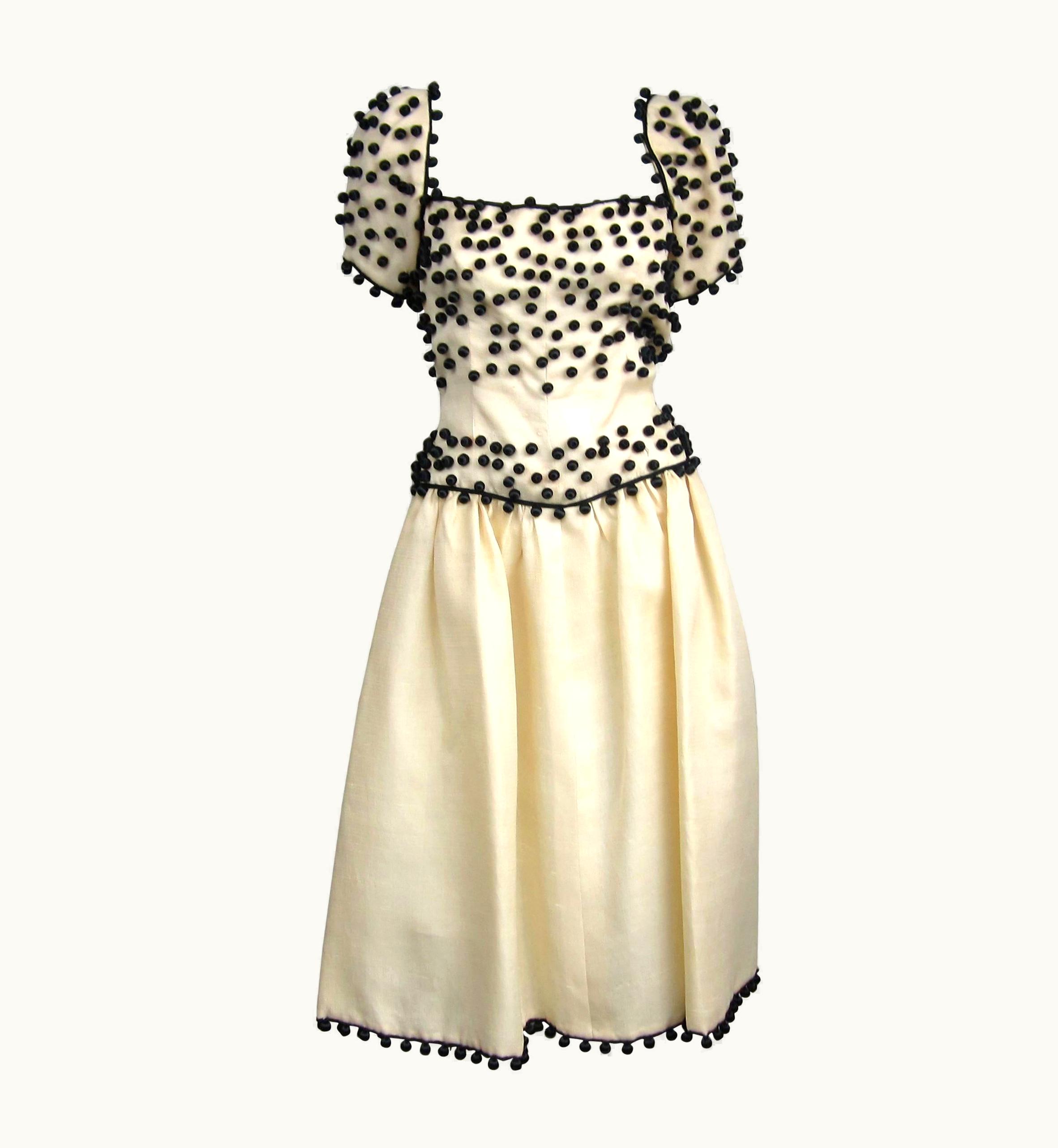 Givenchy 1960' Givenchy Cream S/S Black Embellished Ball Vintage Dress