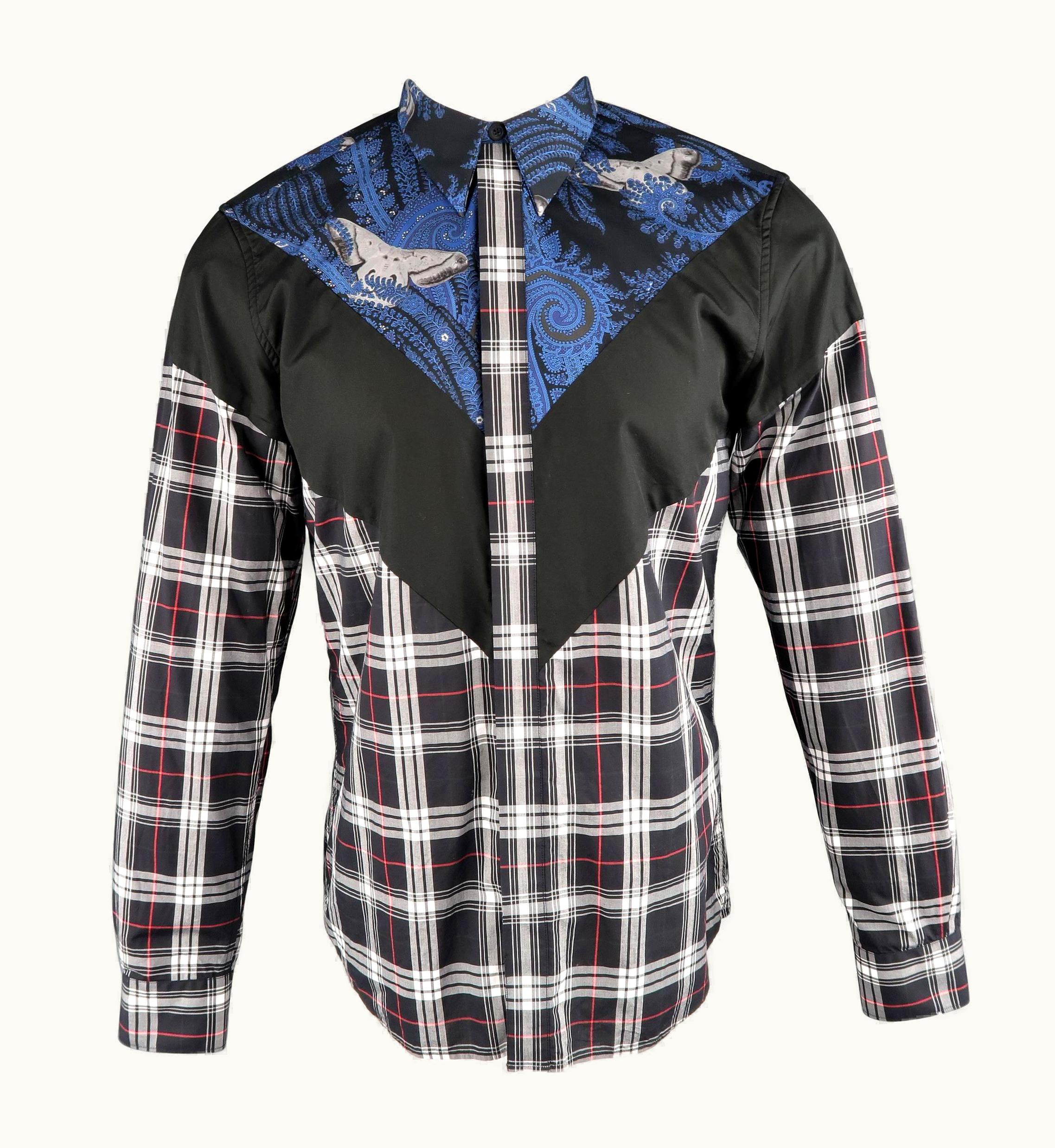 Givenchy Men' Givenchy Black Blue & Red Plaid & Paisley Color Block Shirt
