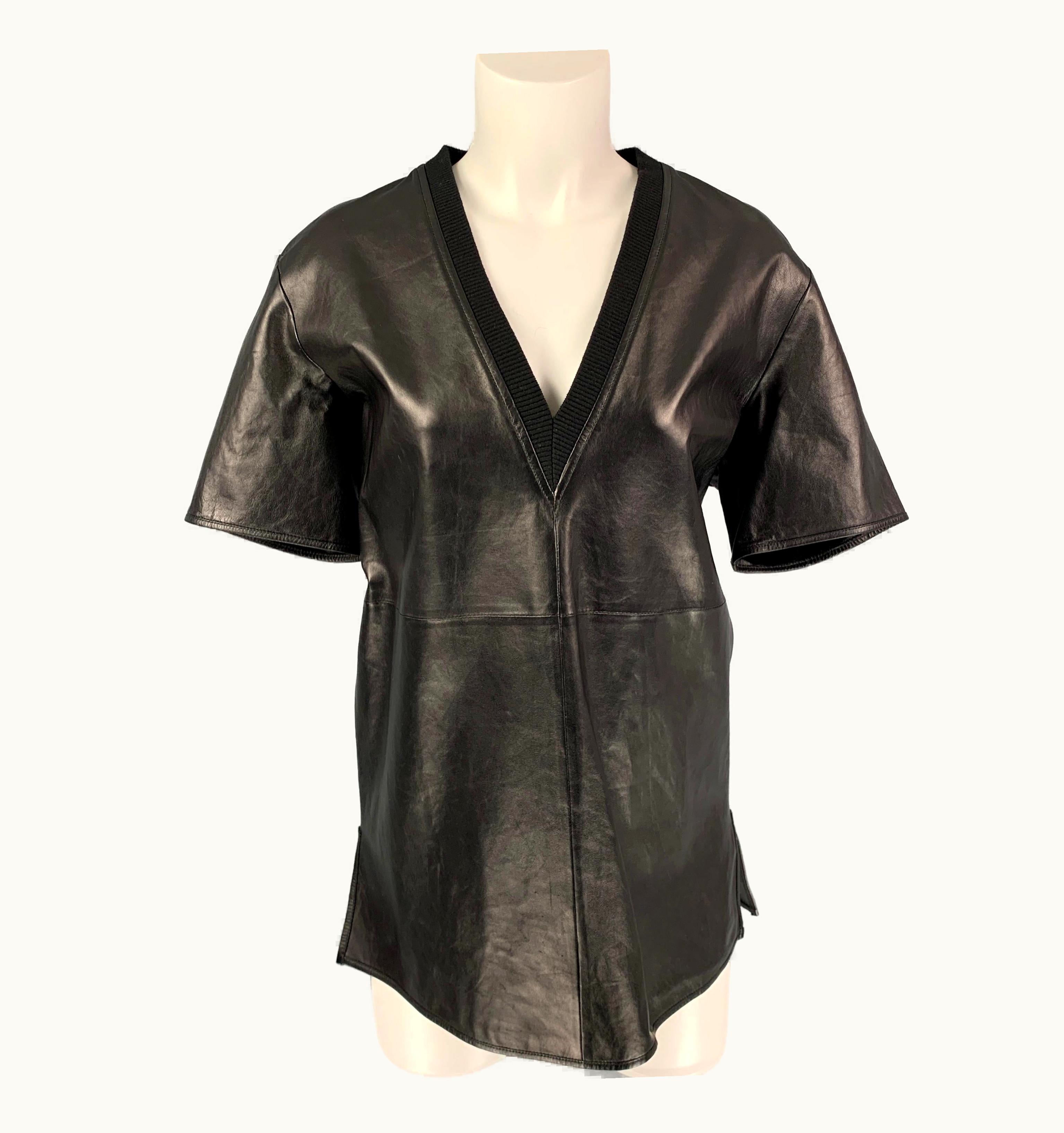 Givenchy Givenchy 2017 Black Lambskin Leather V-Neck Top Oversized Blouse Tee