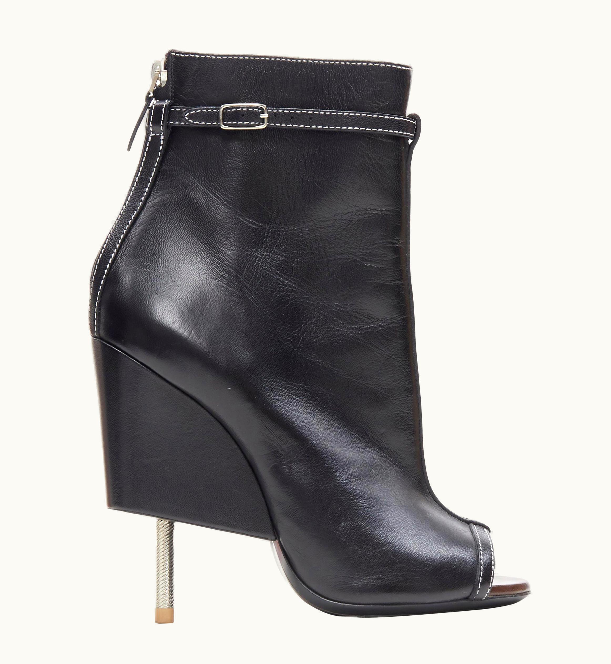 Givenchy Runway Givenchy Tisci Black Leather Overstitched Peep Toe Nail Heel Bootie