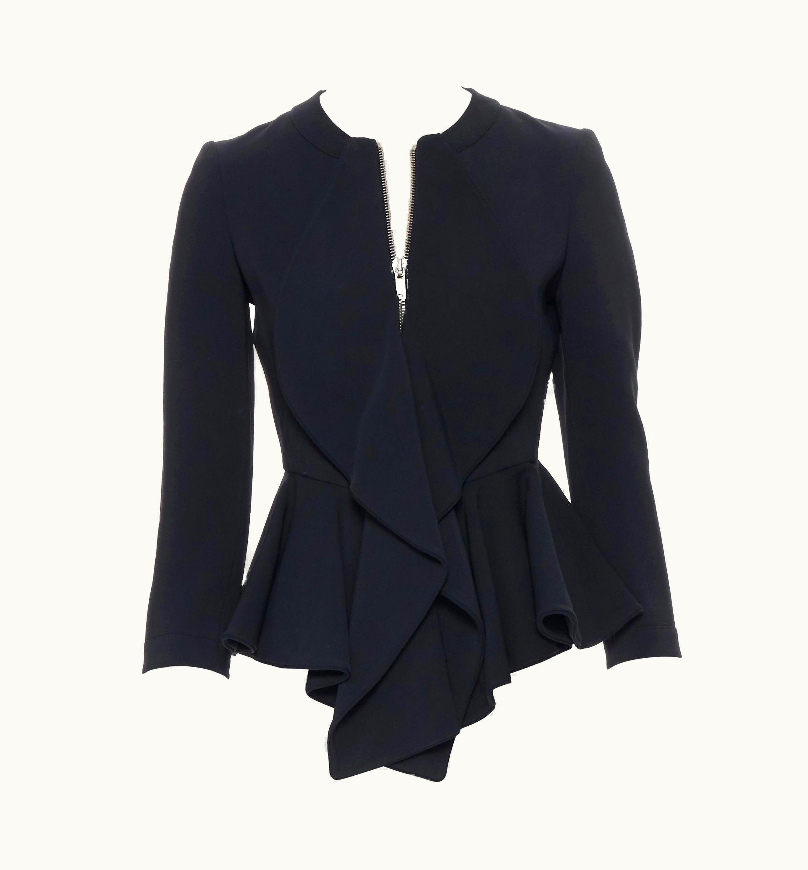 Givenchy Givenchy Tisci Black Viscose Petal Ruffle Front Peplum Zip Blazer Jacket
