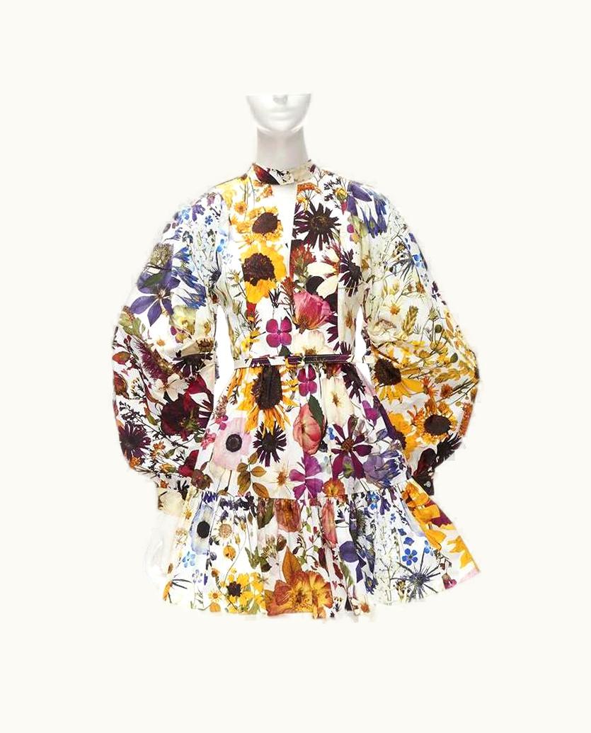 Oscar De La Renta 2021 White Floral Cotton Belted Puff Sleeves Mini Dress