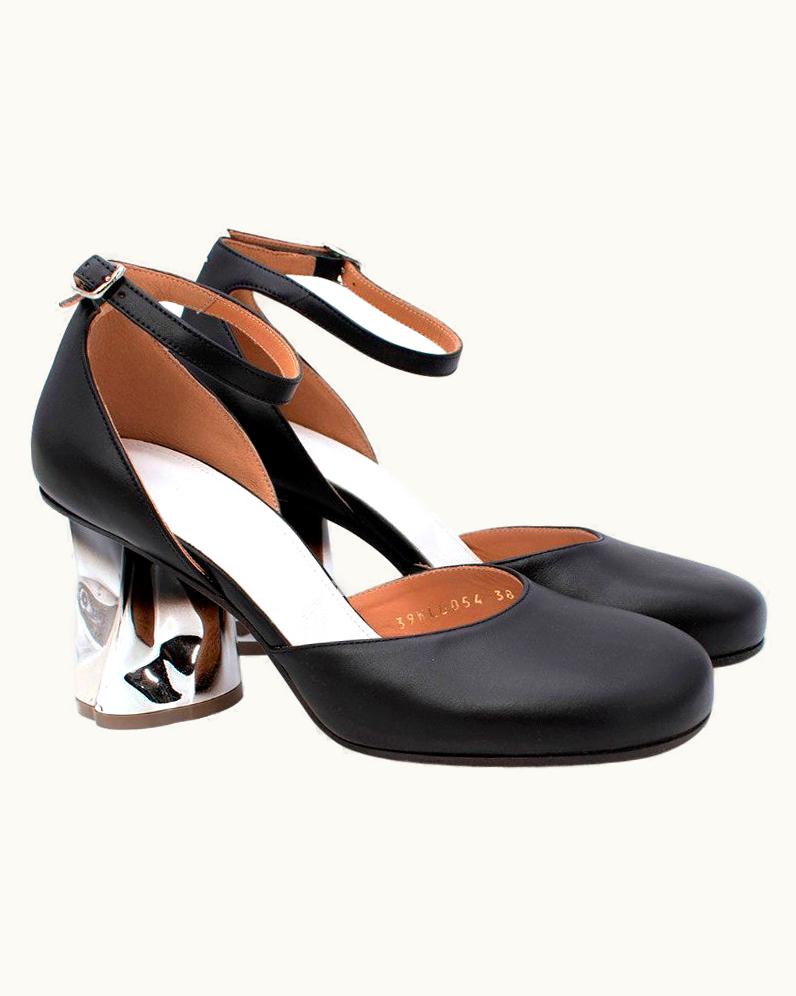 Maison Margiela Maison Margiela Black Leather Silver-Tone Sculpted Block Heel Pumps