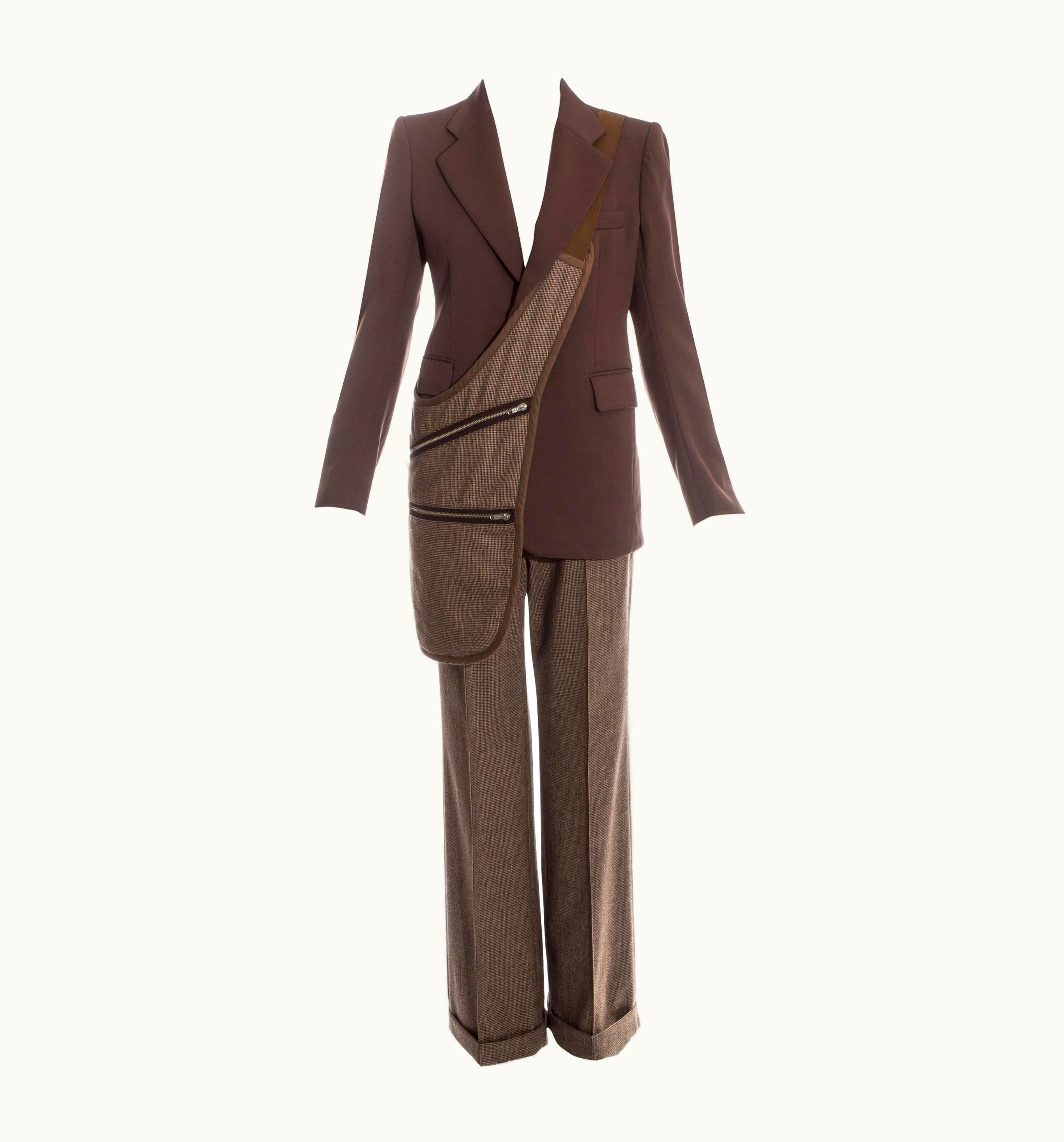 Maison Margiela Margiela Brown Tweed Wool Pant Suit With Matching Saddle Bag, AW 1998