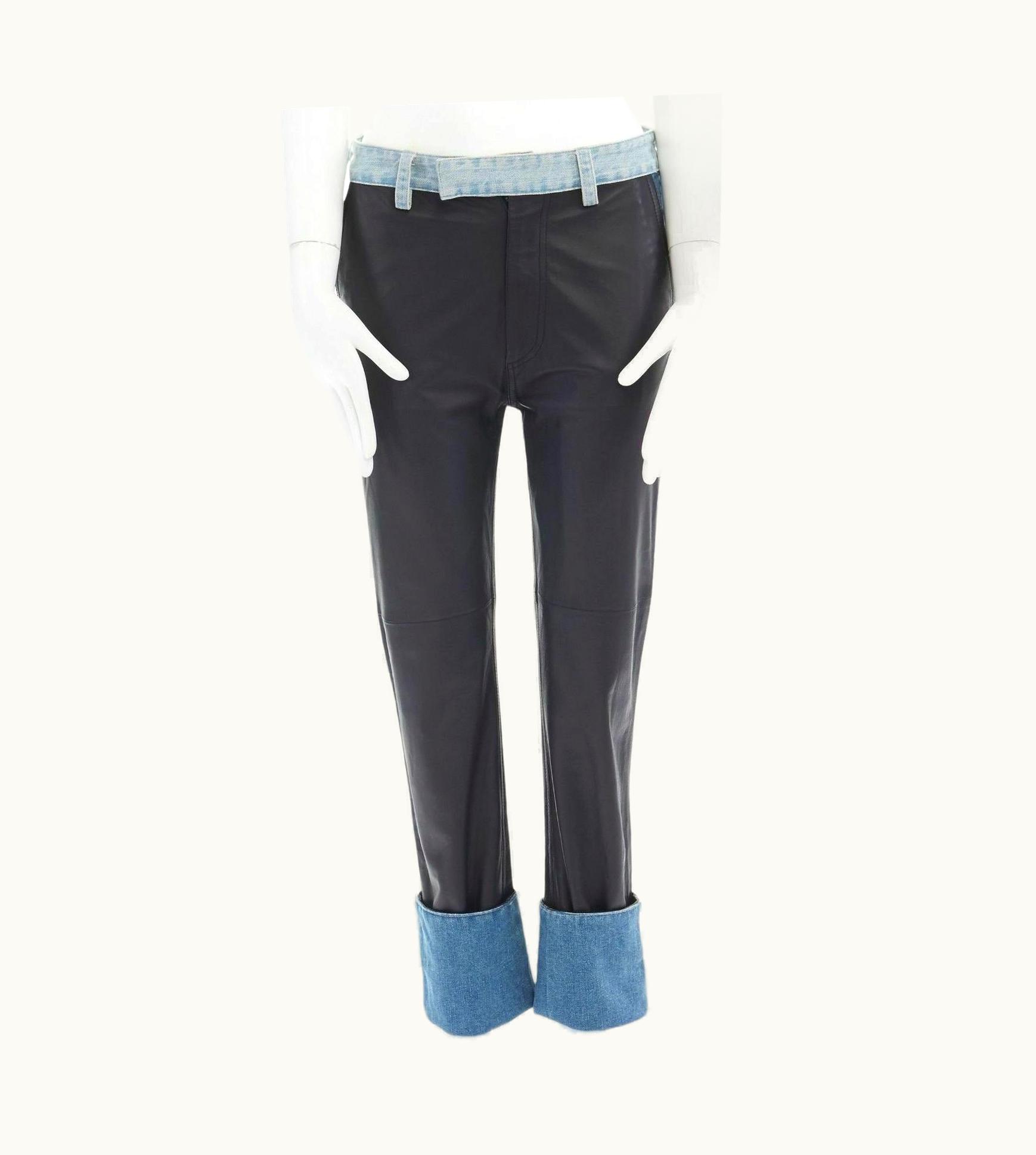 Maison Margiela Maison Margiela Black Leather Blue Denim Trim Cuffed Jeans Pants