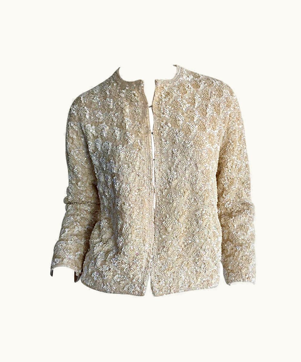 Maison Margiela Exquisite 1960s All Over Sequin Iridescent Ivory Wool Vintage Cardigan