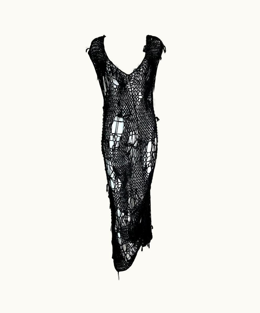Maison Margiela 1990' Maison Martin Margiela Sheer Black Distressed Hand Knit Long Dress